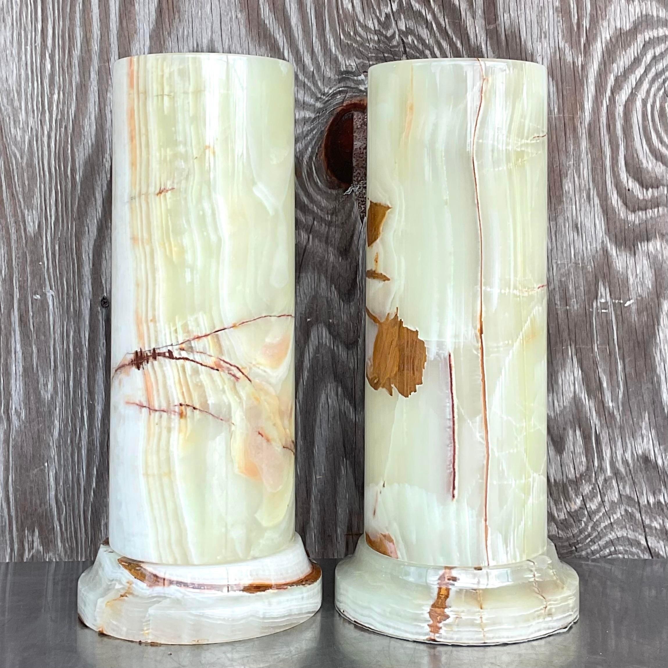 American Vintage Boho Onyx Cylinder Lamps - a Pair