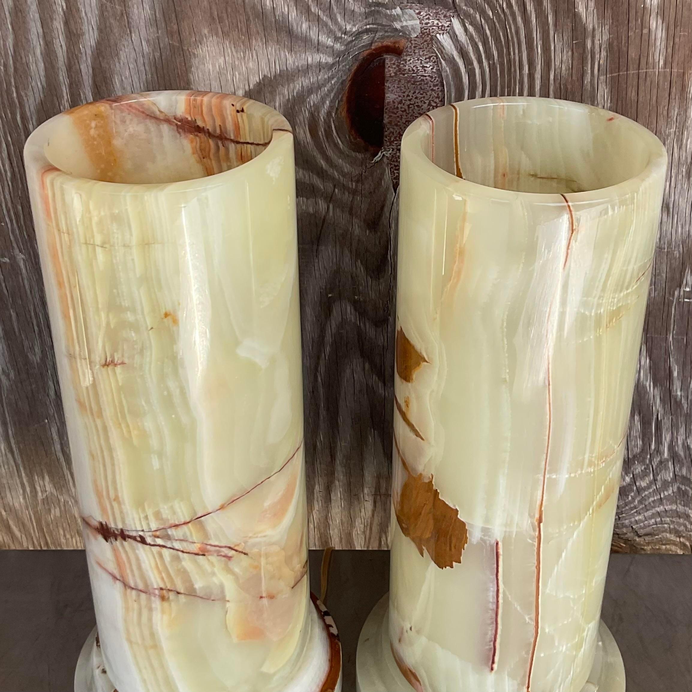 Vintage Boho Onyx Cylinder Lamps - a Pair In Good Condition In west palm beach, FL