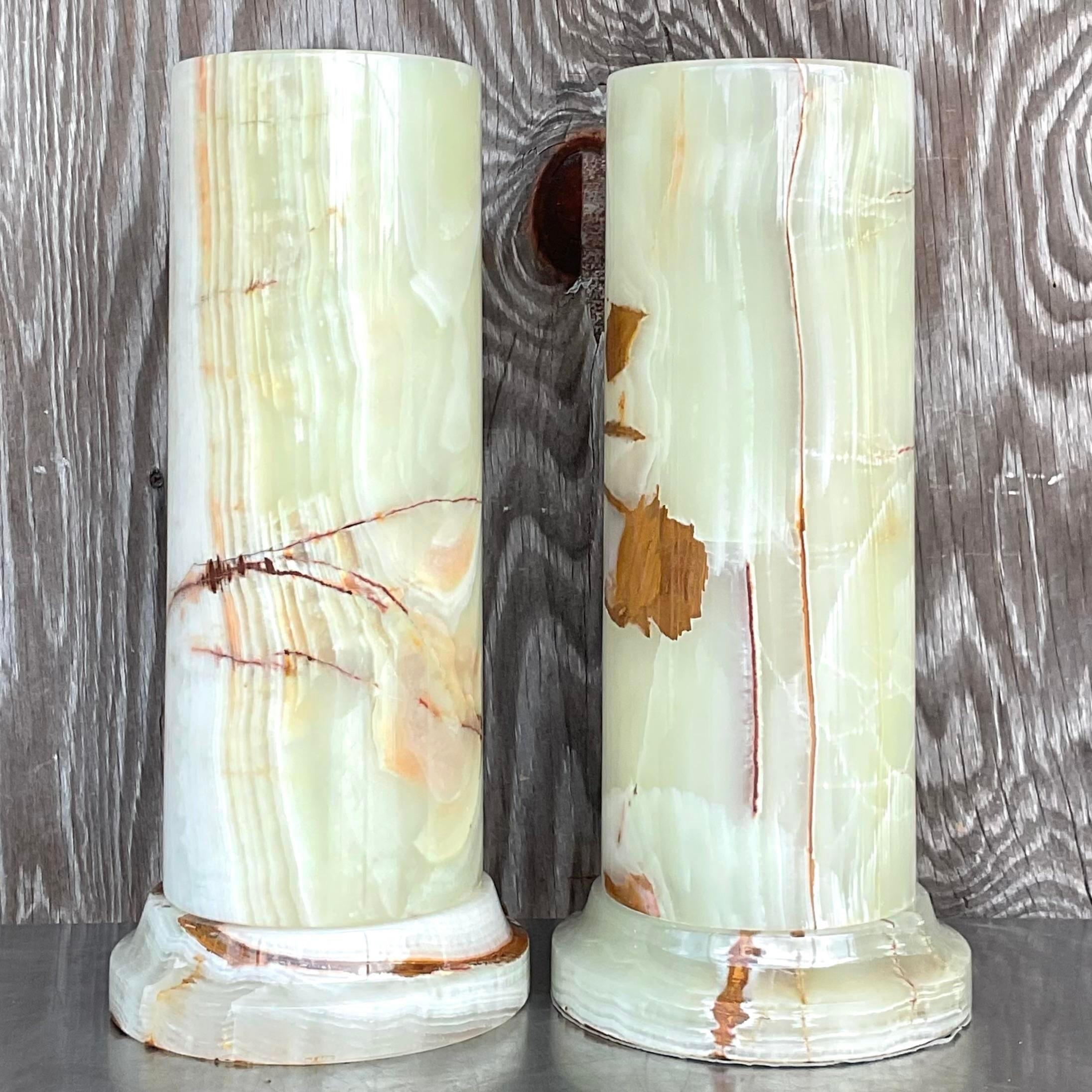 20th Century Vintage Boho Onyx Cylinder Lamps - a Pair