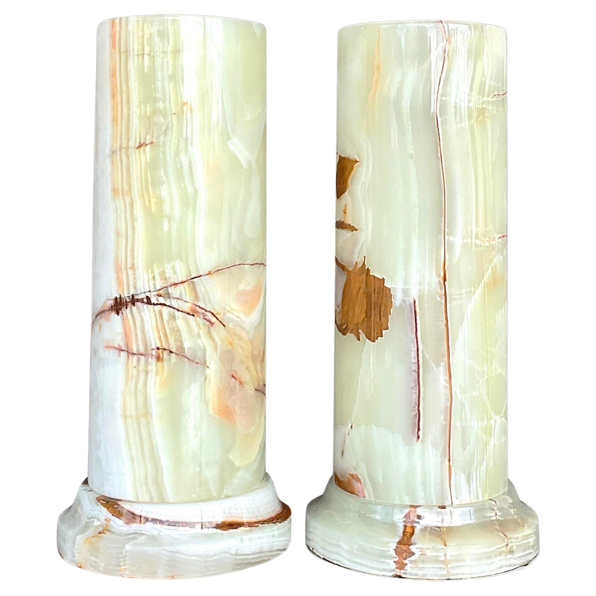 Vintage Boho Onyx Cylinder Lamps - a Pair