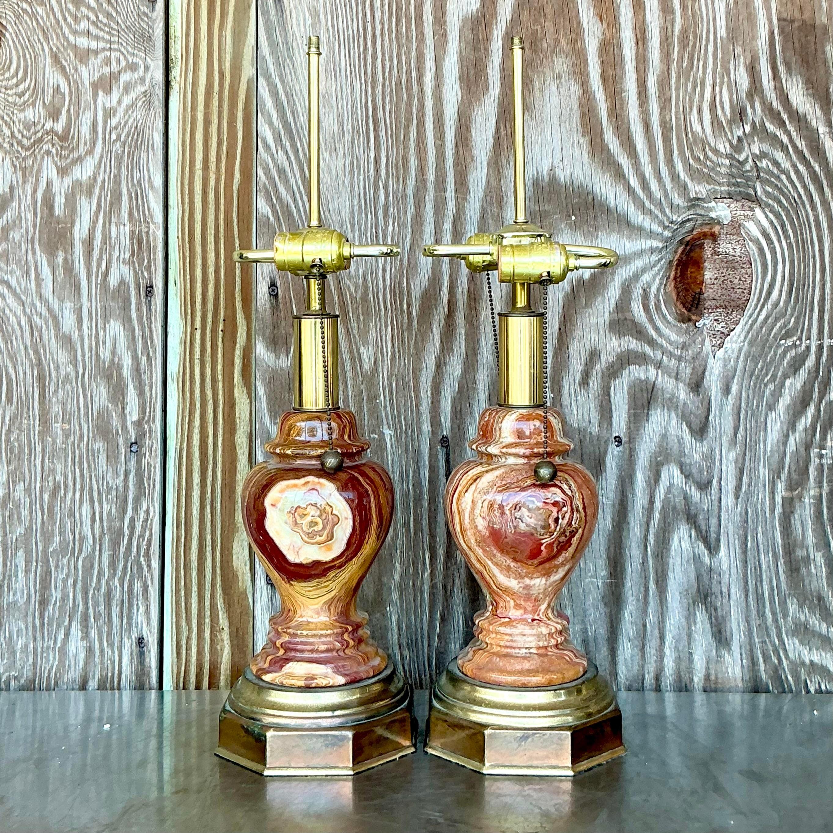 Laiton Paire de lampes vintage Boho Onyx en vente