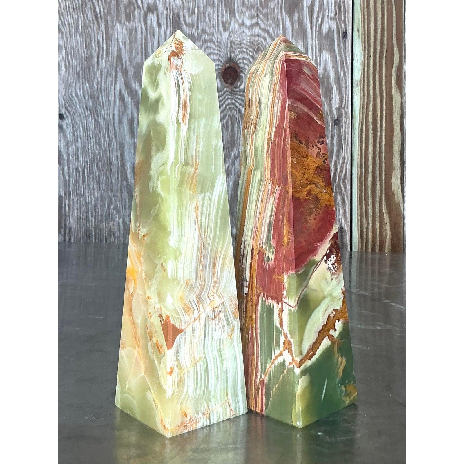 Organic Modern Vintage Boho Onyx Obelisks - A Pair For Sale