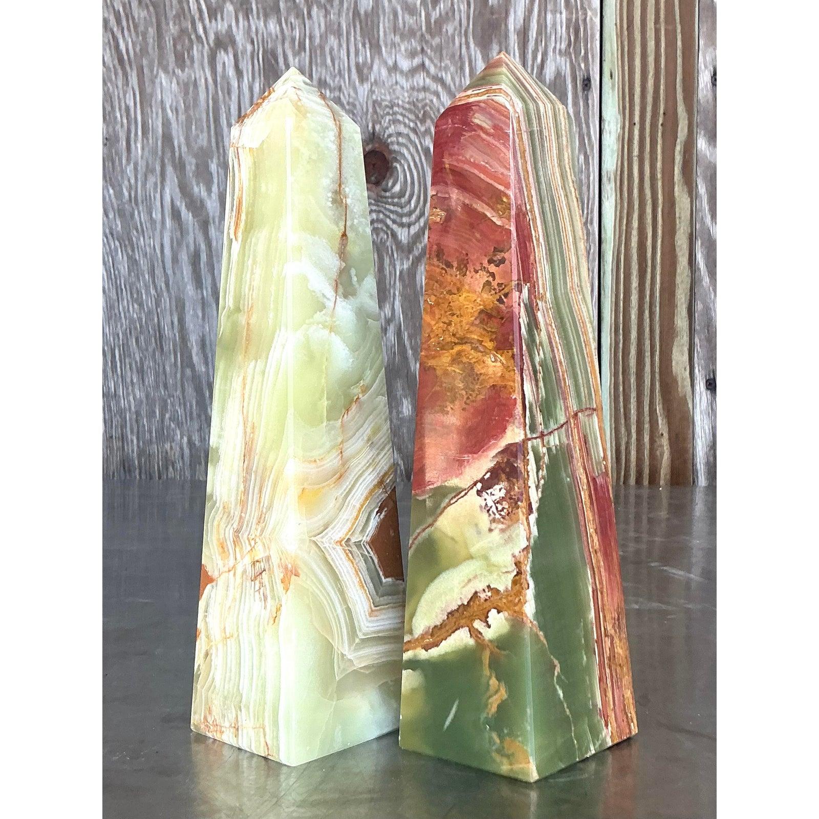 Stone Vintage Boho Onyx Obelisks - A Pair For Sale