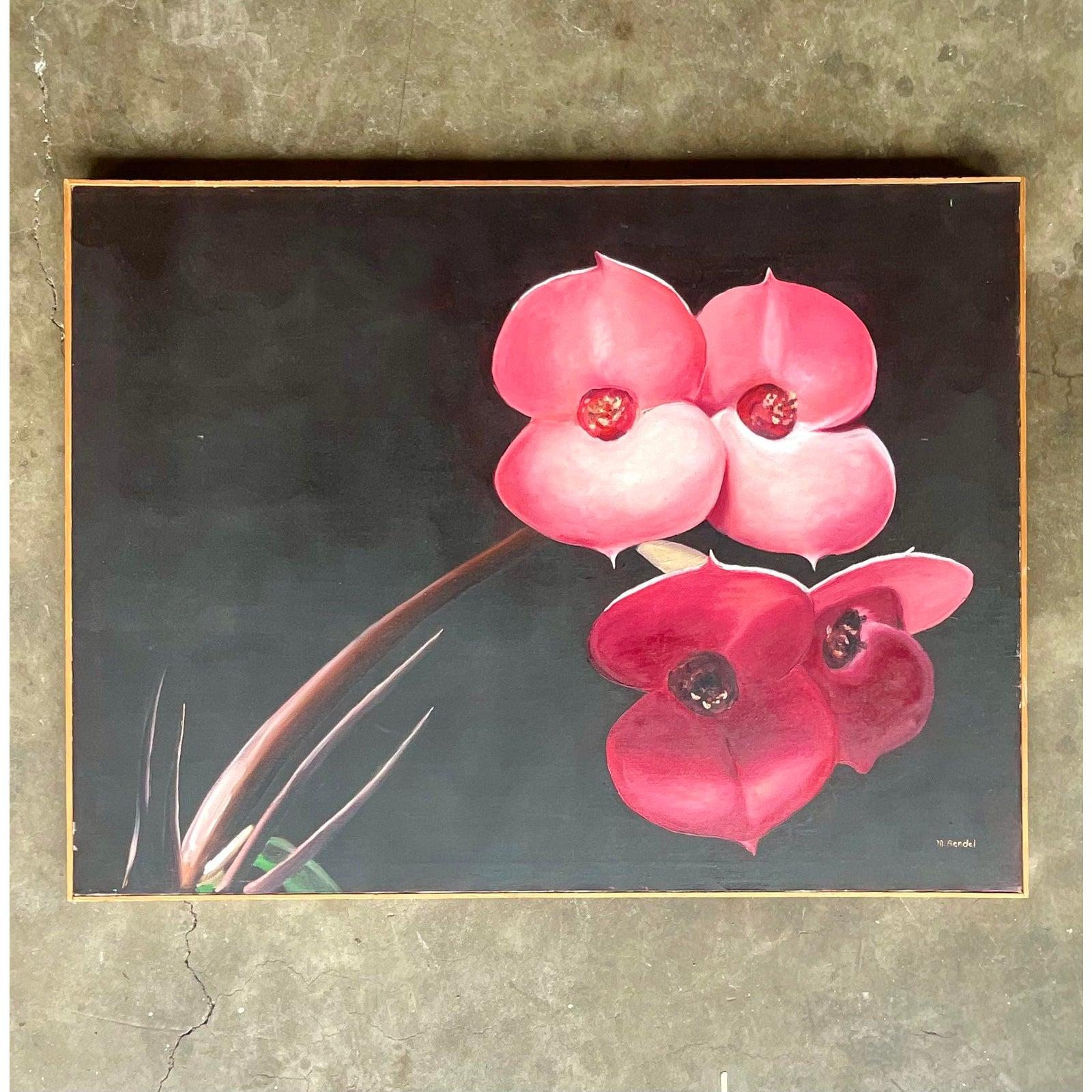 Stunning vintage original oil painting. A fabulous composition of orchids in bloom. Bright and rich colors dominate the canvas. Signed by the artist. Acquired from a Palm Beach estate.