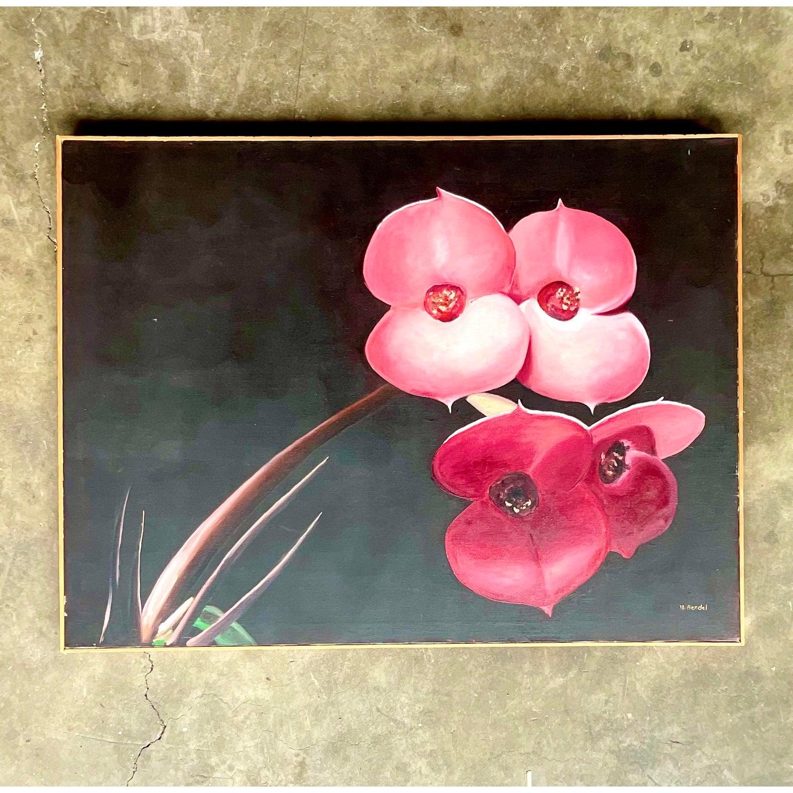 Vintage Boho OpSigned Original Oil Painting of Orchid Blooms In Good Condition For Sale In west palm beach, FL