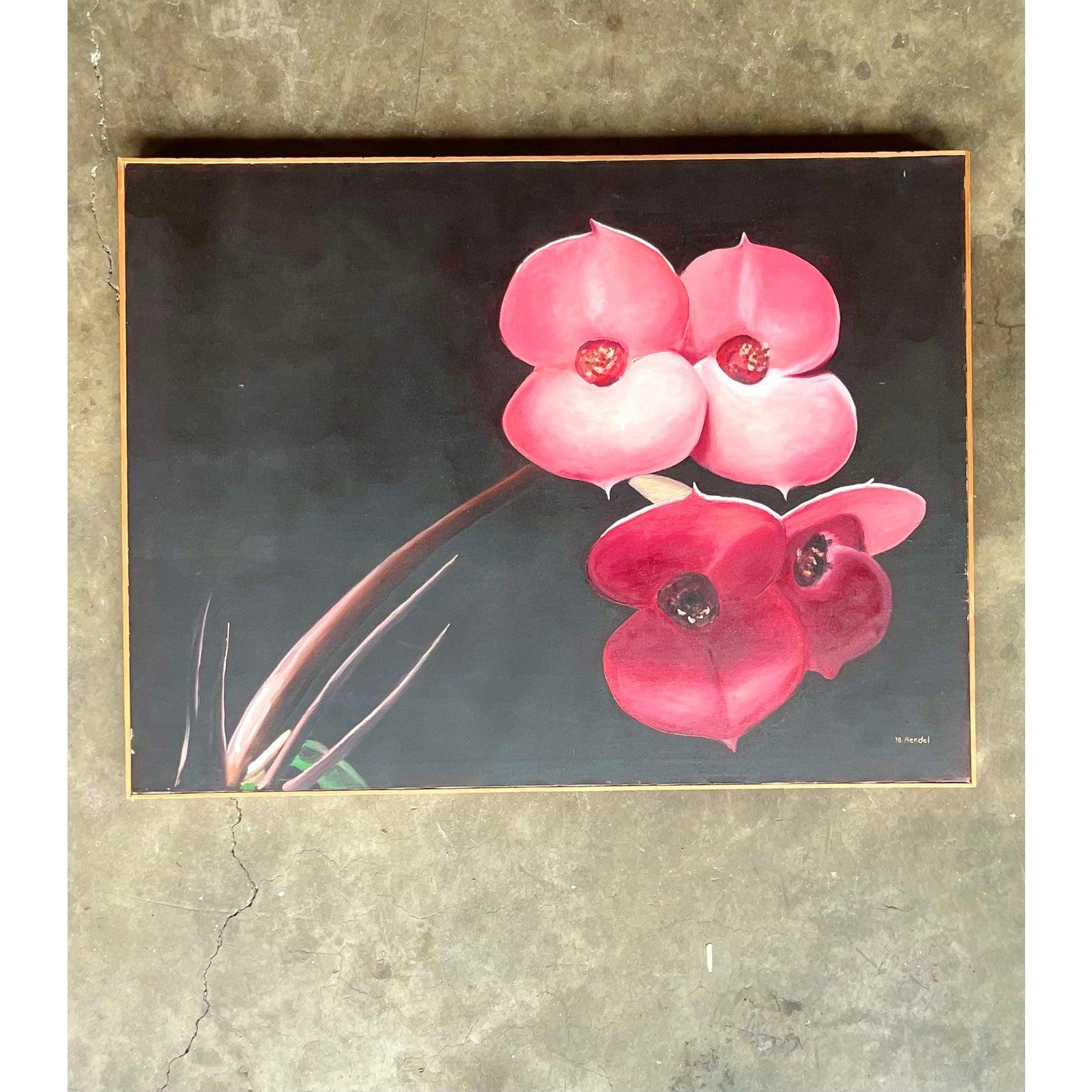 20th Century Vintage Boho OpSigned Original Oil Painting of Orchid Blooms For Sale