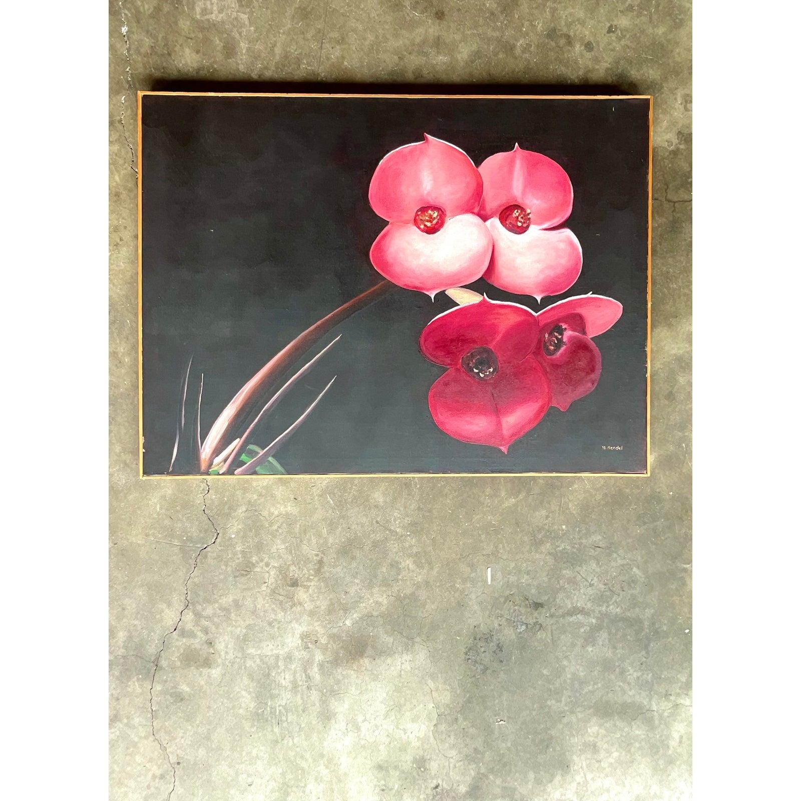 Canvas Vintage Boho OpSigned Original Oil Painting of Orchid Blooms For Sale