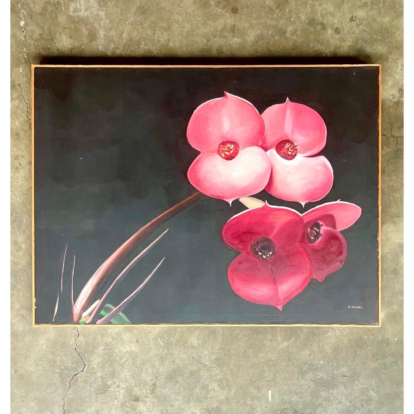 Vintage Boho OpSigned Original Oil Painting of Orchid Blooms For Sale 1