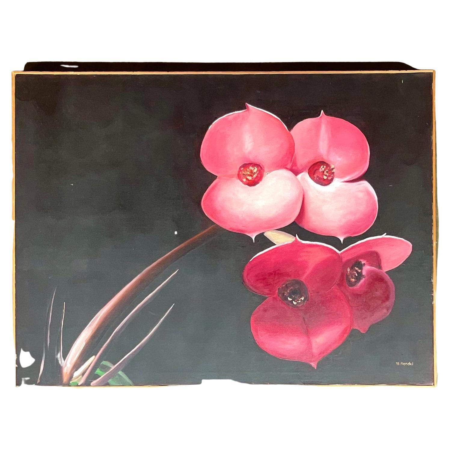 Vintage Boho OpSigned Original Oil Painting of Orchid Blooms For Sale