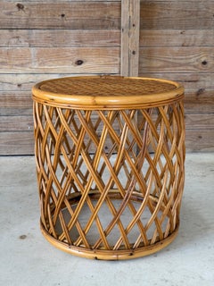 Vintage Boho Organic Modern Drum Form Rattan Side Table With Woven Top