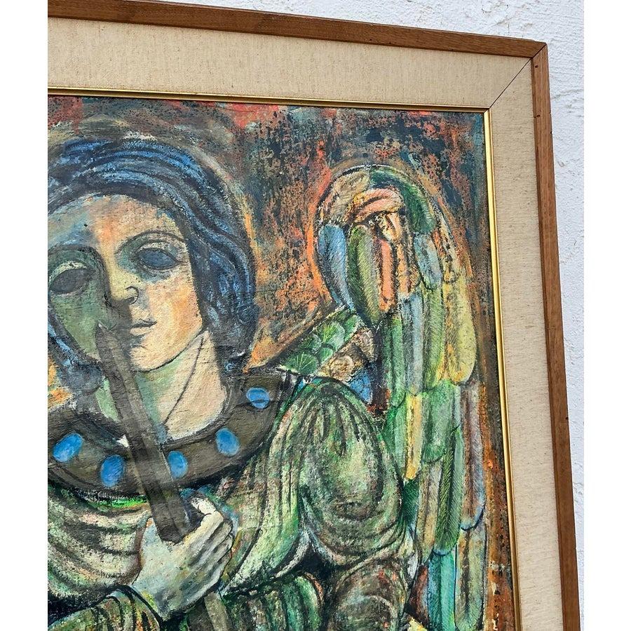 Vintage Boho Pintura al óleo figurativa original de los años 50 sobre lienzo en venta 3
