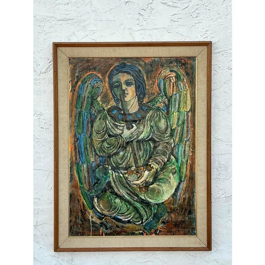Vintage Boho Pintura al óleo figurativa original de los años 50 sobre lienzo Moderno de mediados de siglo en venta