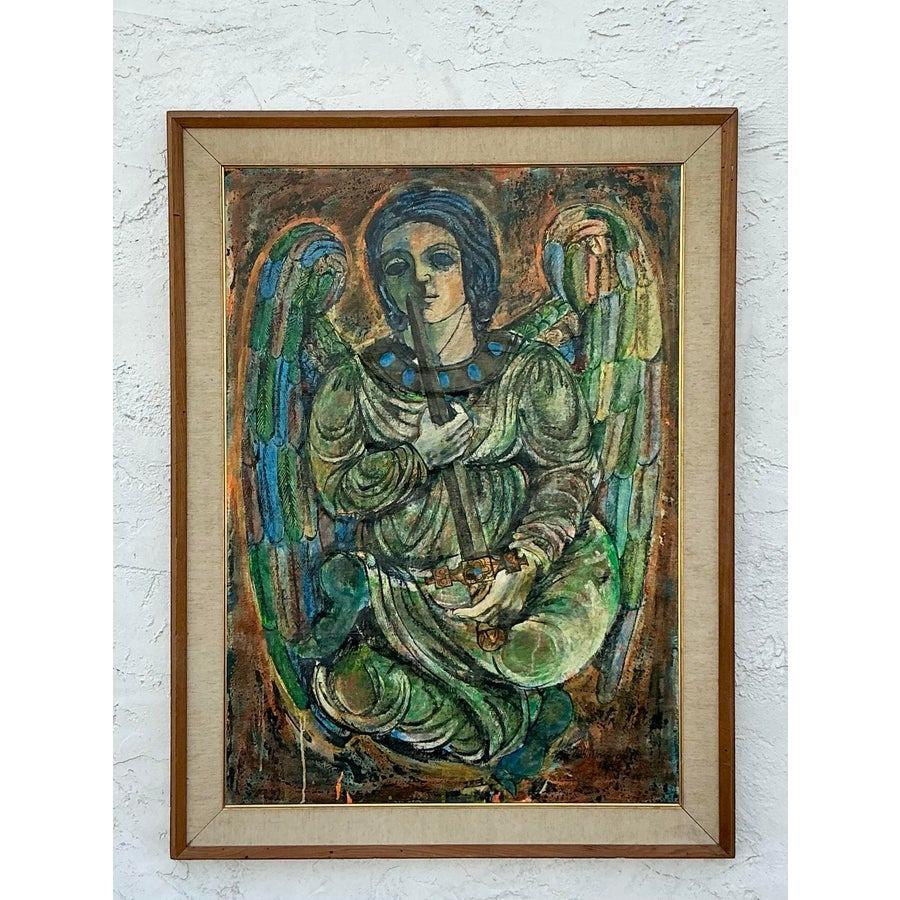 Vintage Boho Pintura al óleo figurativa original de los años 50 sobre lienzo Lienzo en venta