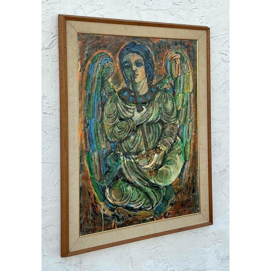 Vintage Boho Pintura al óleo figurativa original de los años 50 sobre lienzo en venta 1