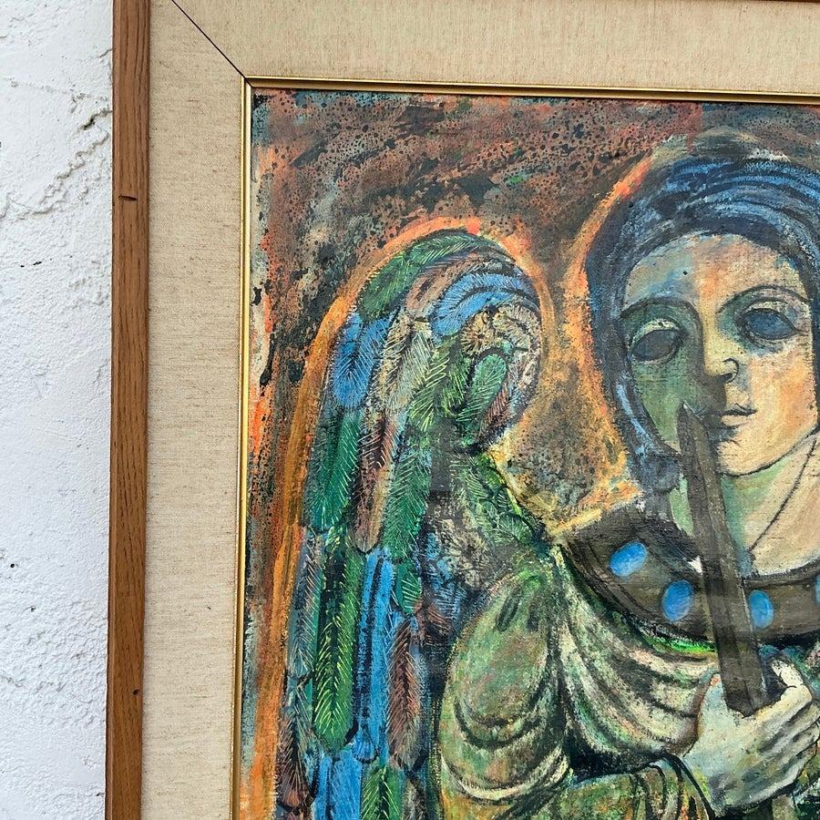 Vintage Boho Pintura al óleo figurativa original de los años 50 sobre lienzo en venta 2