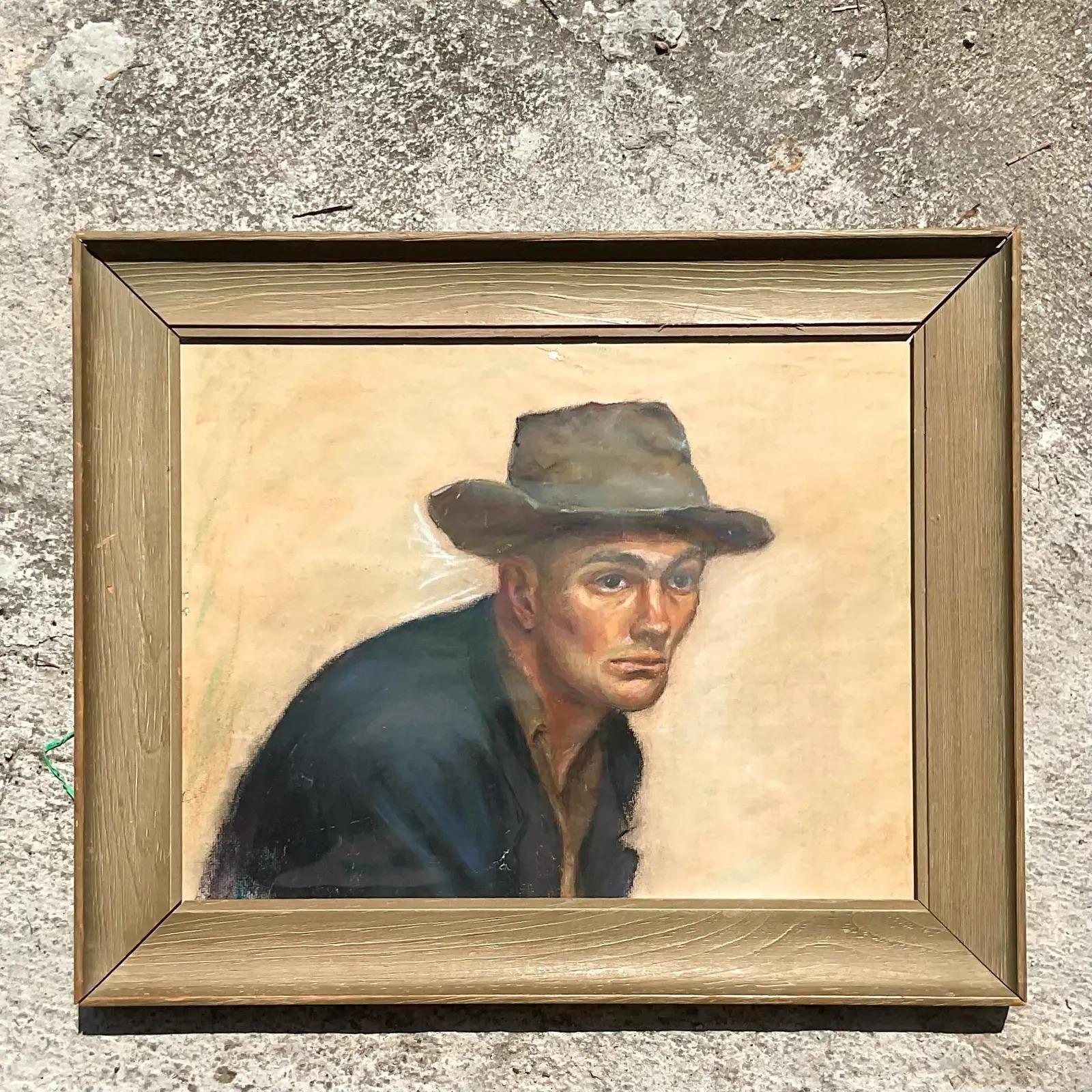 Fantastico pastello originale del 1956 su carta sotto vetro. Una favolosa composizione di un giovane uomo con un cappello. Acquistato da una proprietà di Palm Beach.