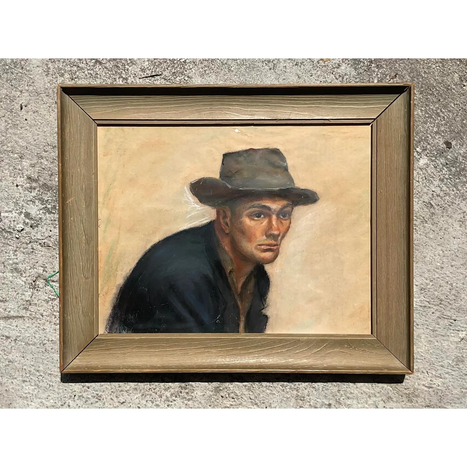 Pittura a olio su carta con pastello vintage Boho originale del 1956 In condizioni buone in vendita a west palm beach, FL