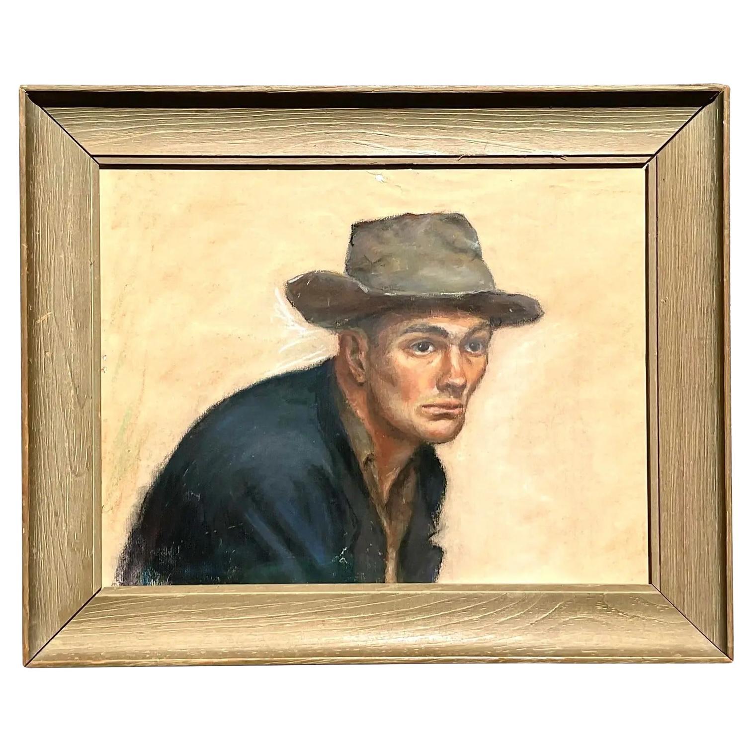 Pittura a olio su carta con pastello vintage Boho originale del 1956 in vendita