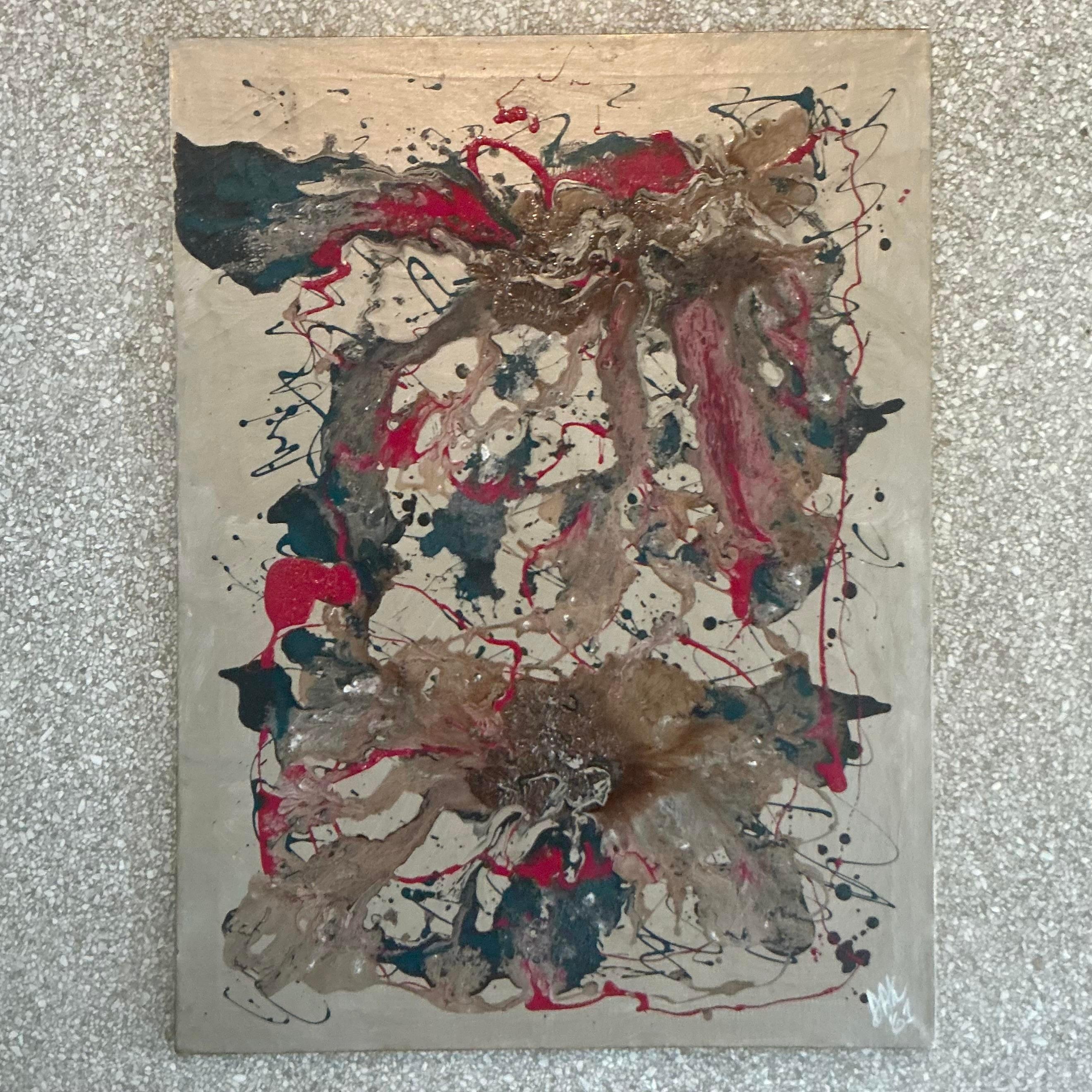 Original 1961 abstraktes Ölgemälde auf Leinwand im Vintage Boho-Stil. Ein einzigartiger, kühner Ausdruck der Kreativität der Jahrhundertmitte.