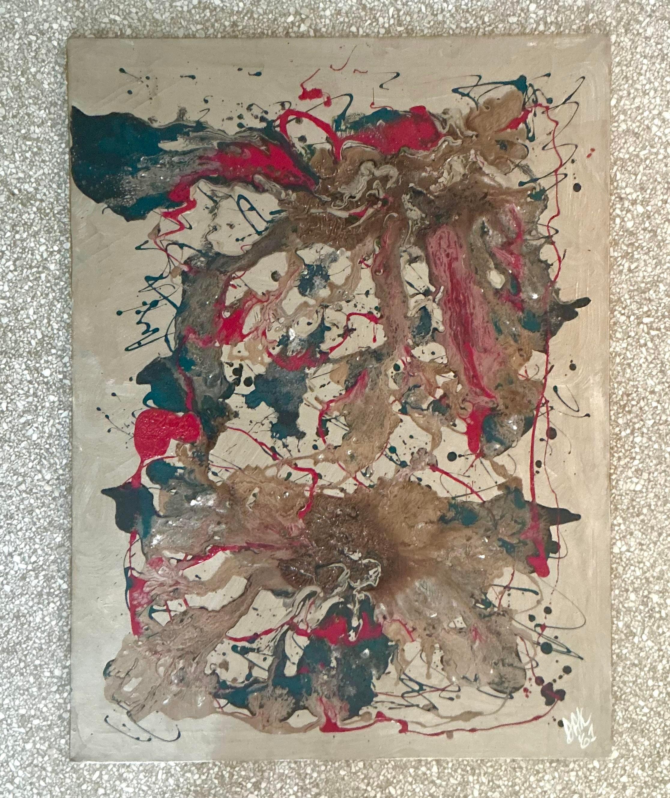 Vintage Boho Original 1961 Abstraktes Ölgemälde auf Leinwand (amerikanisch) im Angebot