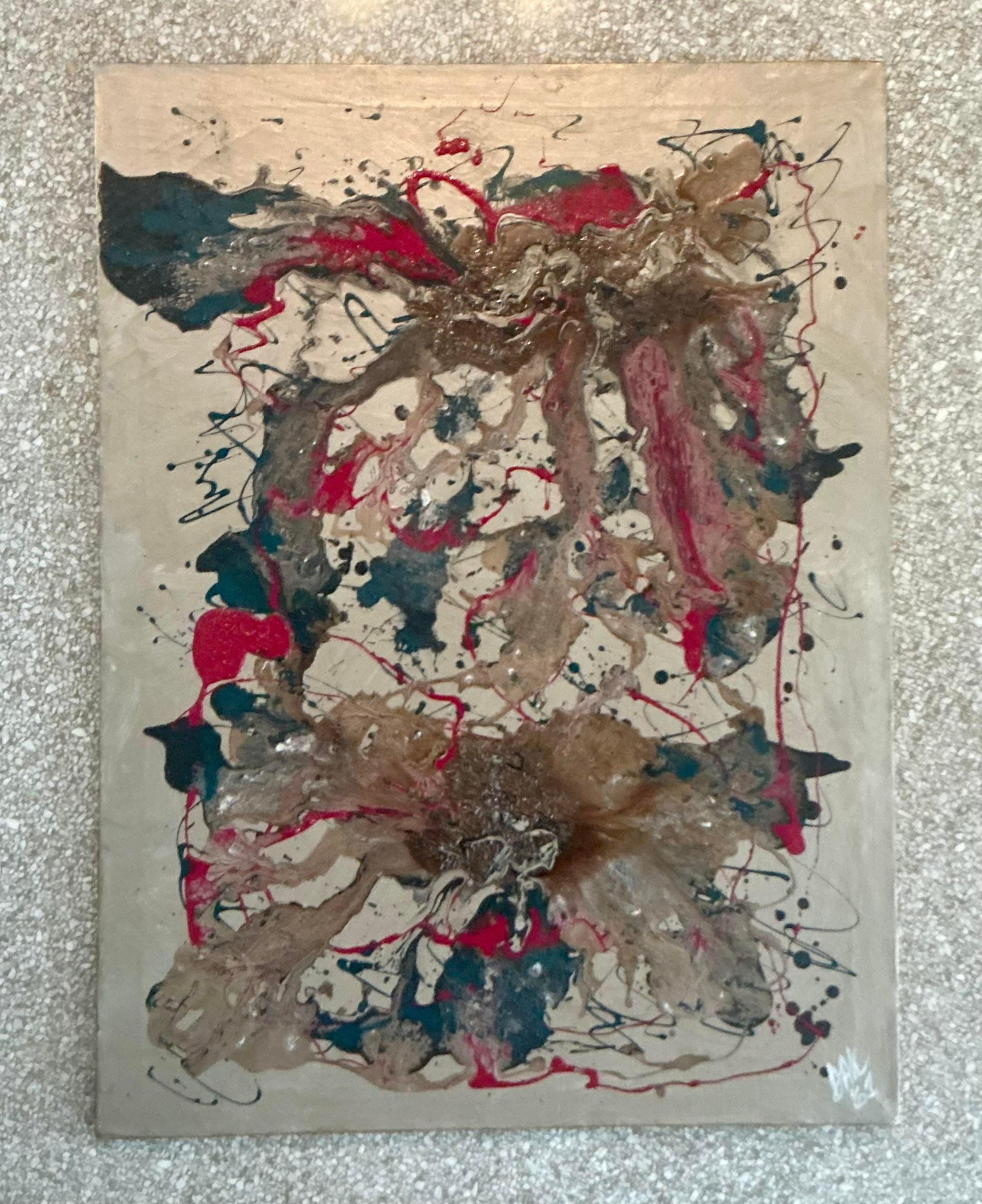 Vintage Boho Original 1961 Abstraktes Ölgemälde auf Leinwand (Mitte des 20. Jahrhunderts) im Angebot