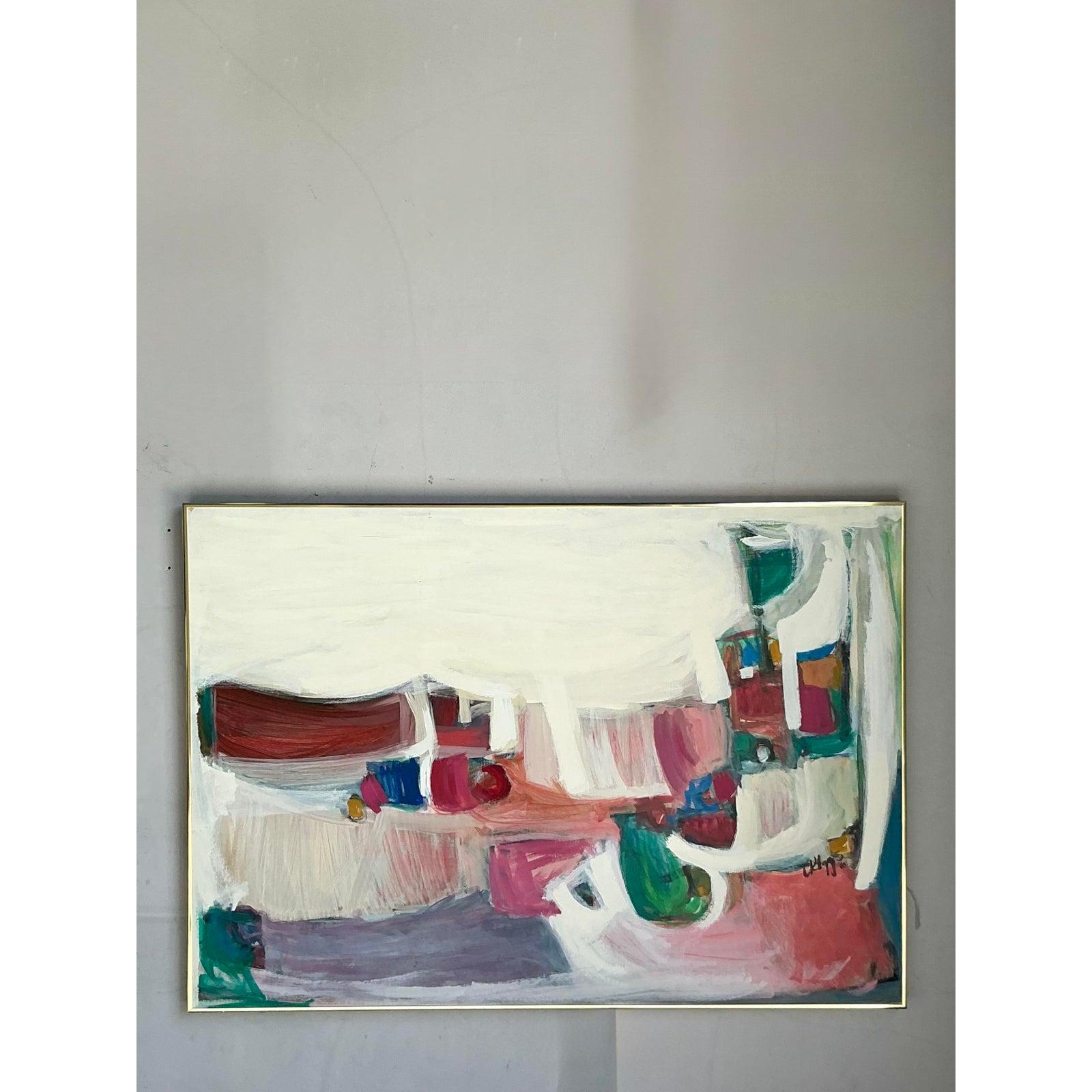 Vintage Boho Original 1966 Abstraktes Öl auf Leinwand im Angebot 3