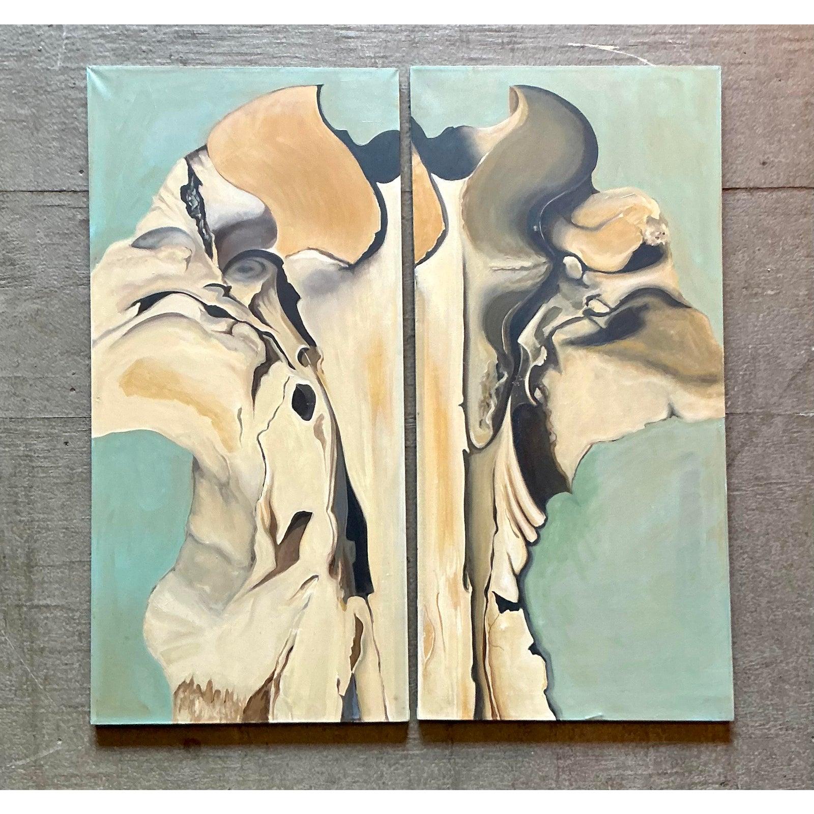 Vintage Boho Original Abstrakt Diptychon auf Leinwand im Zustand „Gut“ im Angebot in West Palm Beach, FL