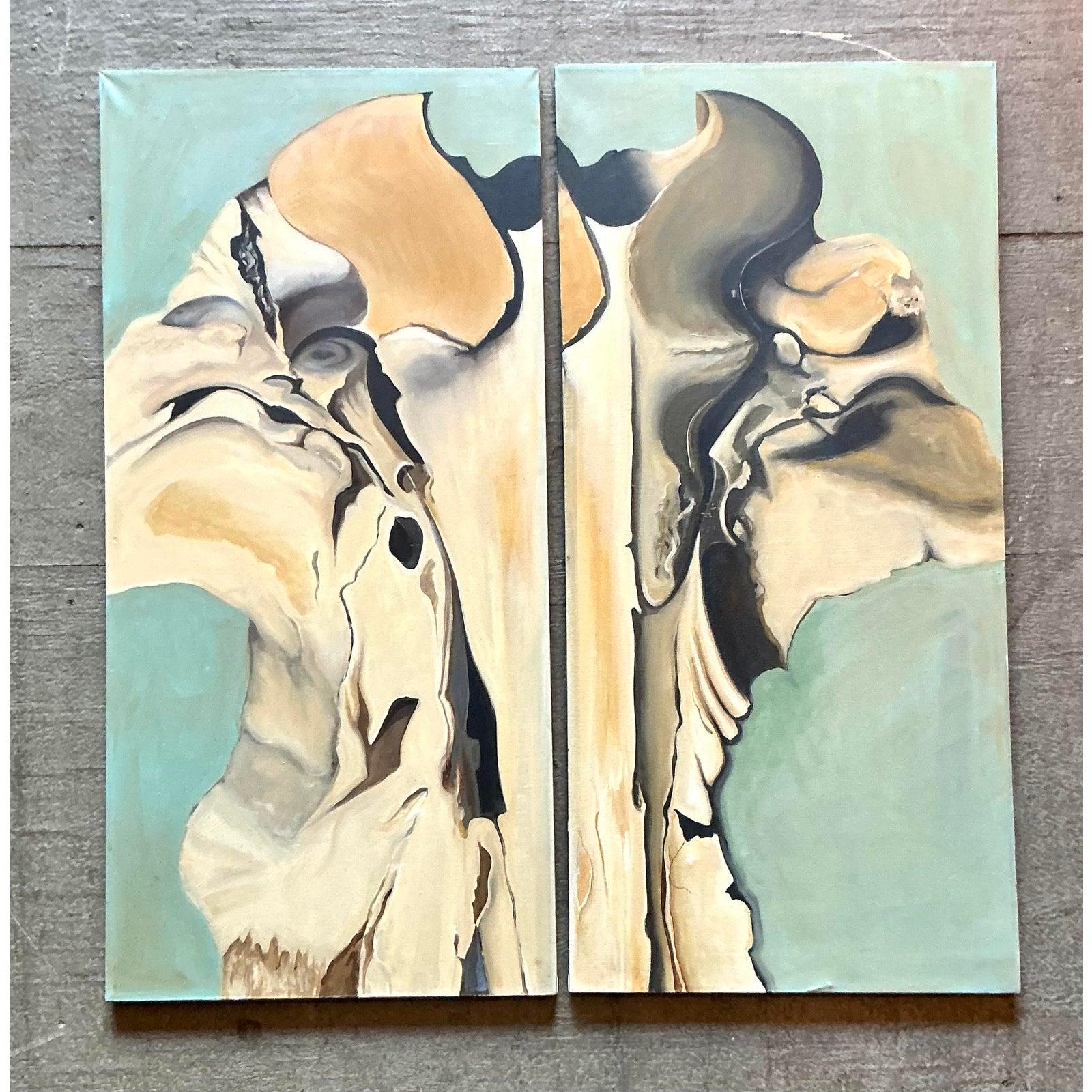 Vintage Boho Original Abstrakt Diptychon auf Leinwand (20. Jahrhundert) im Angebot