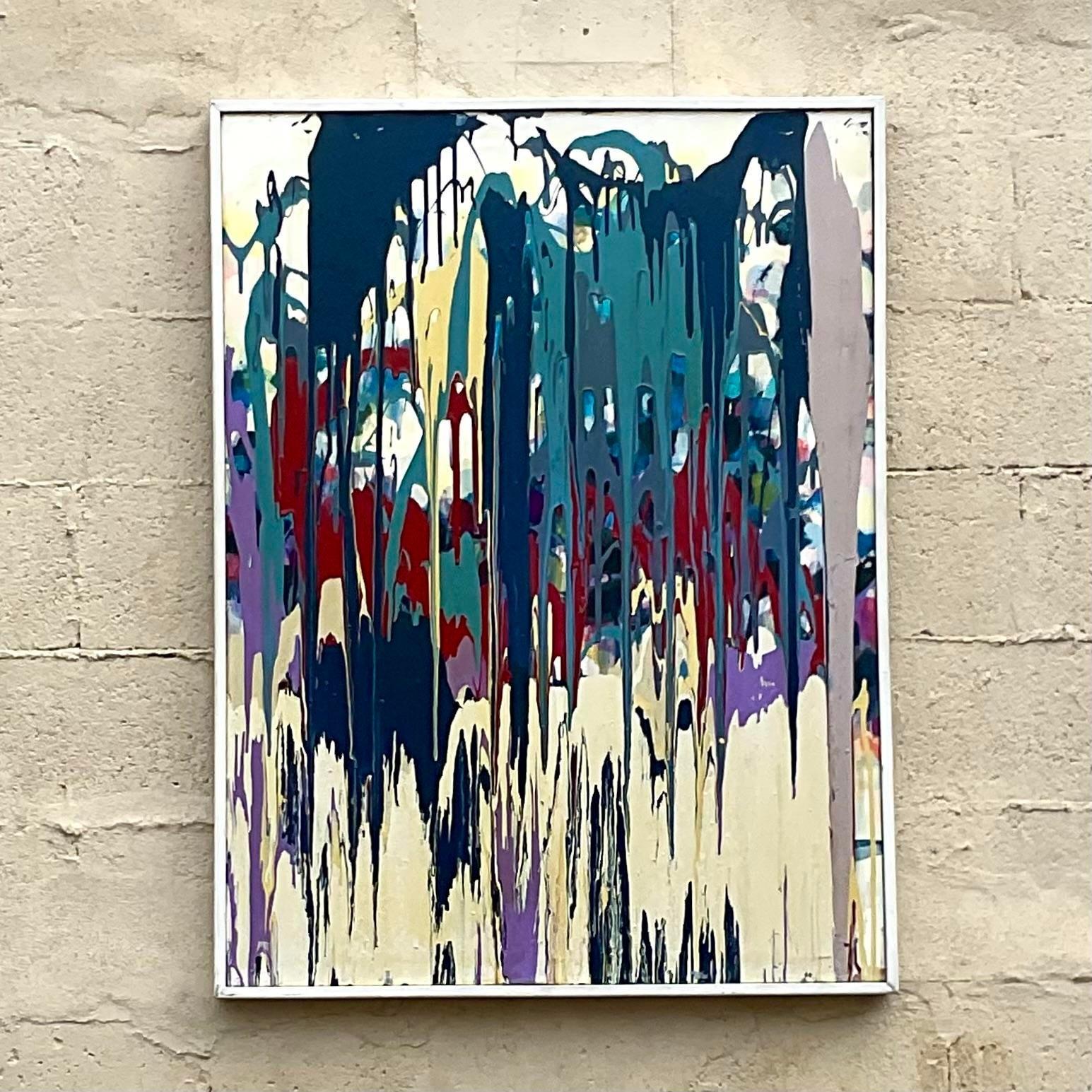 A truly stunning vintage Boho original oil painting. A chic drip style abstract in brilliant clear colors. Signed by the artist John Frates and dated 2016. Acquired from a Palm Beach estate.