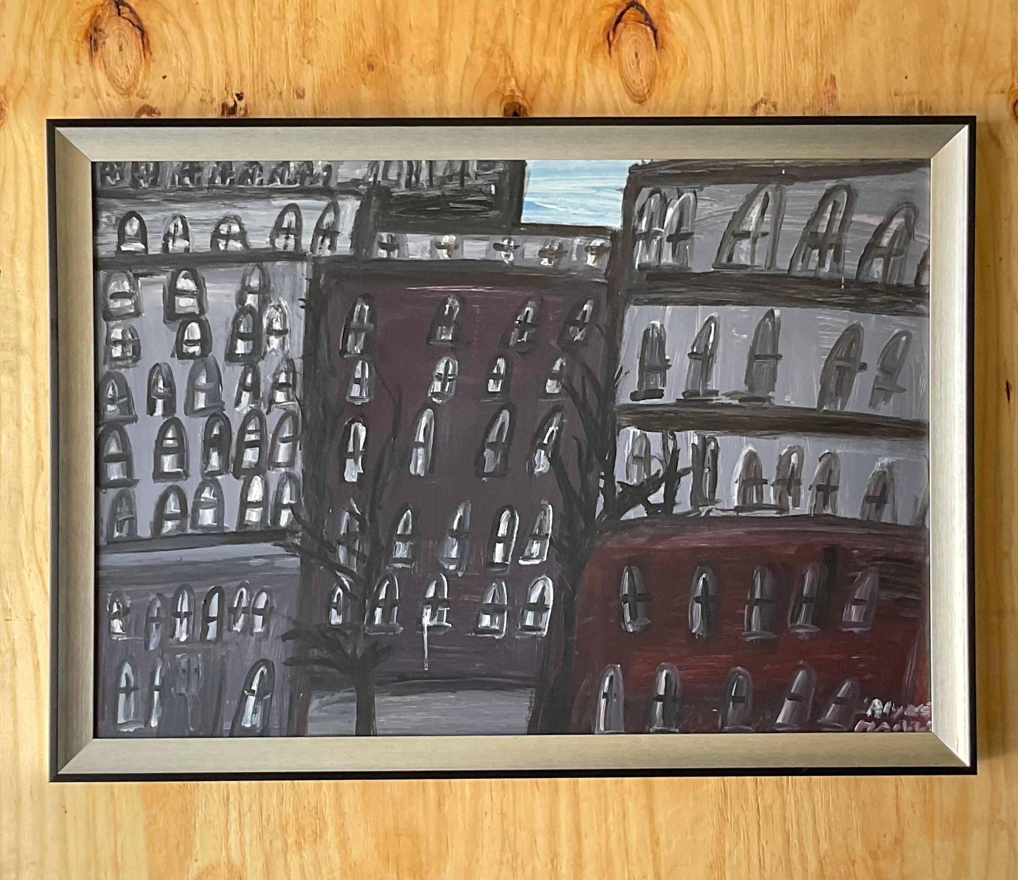 A fabulous vintage Boho original oil painting. A chic Abstract Expressionistic composition of a city block. Deep moody colors with a beautiful silver frame with black touches. Signed by the artist. Acquired from a Palm Beach estate.
