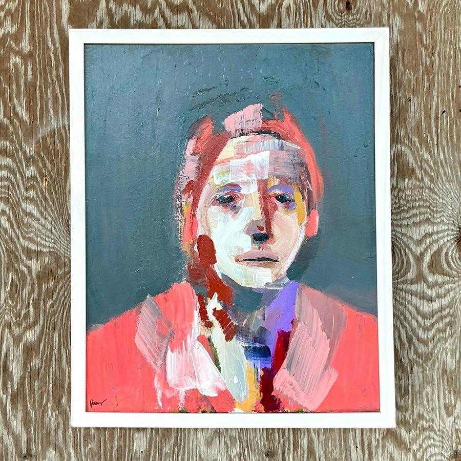 Este cautivador retrato abstracto expresionista al óleo muestra pinceladas audaces y vibrantes y una rica interacción de colores, que dan vida al sujeto con emoción y profundidad. El llamativo uso de tonos coral, grises y blancos combinados con