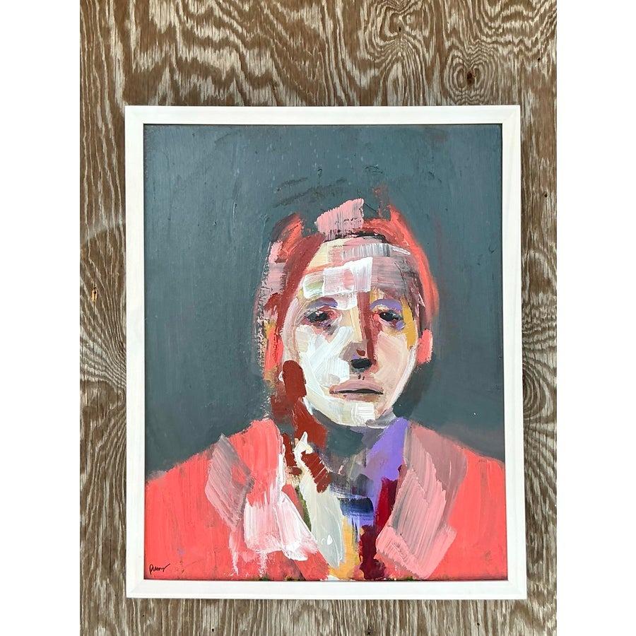 Vintage Boho Original Retrato al óleo expresionista abstracto sobre lienzo Estadounidense en venta