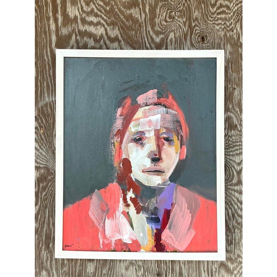 Vintage Boho Original Retrato al óleo expresionista abstracto sobre lienzo en Bueno estado para la venta en west palm beach, FL
