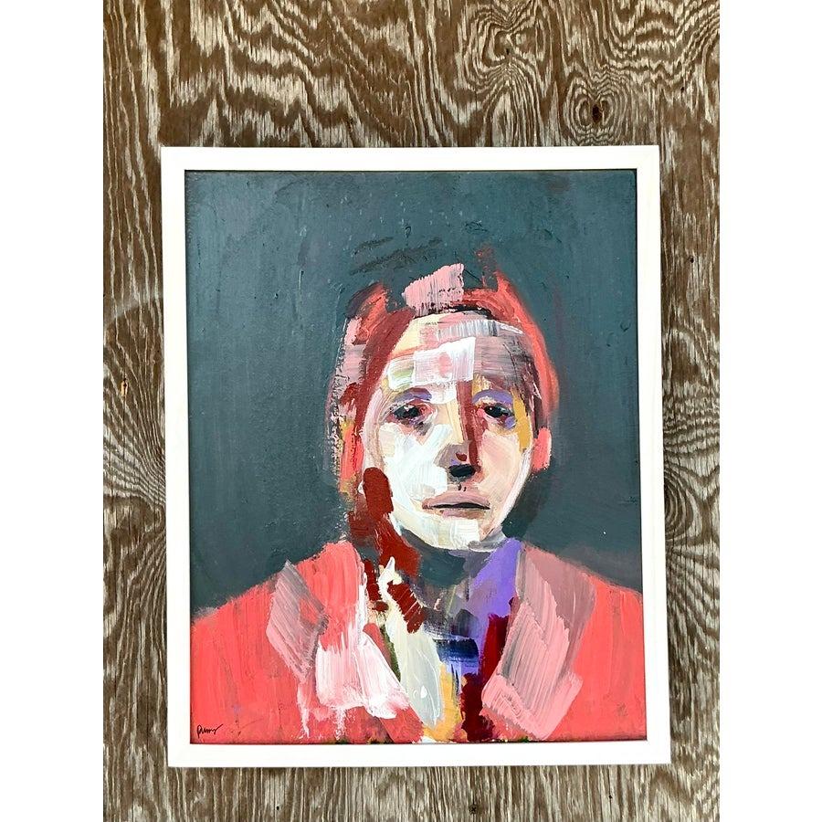 Vintage Boho Original Retrato al óleo expresionista abstracto sobre lienzo Siglo XXI y contemporáneo en venta