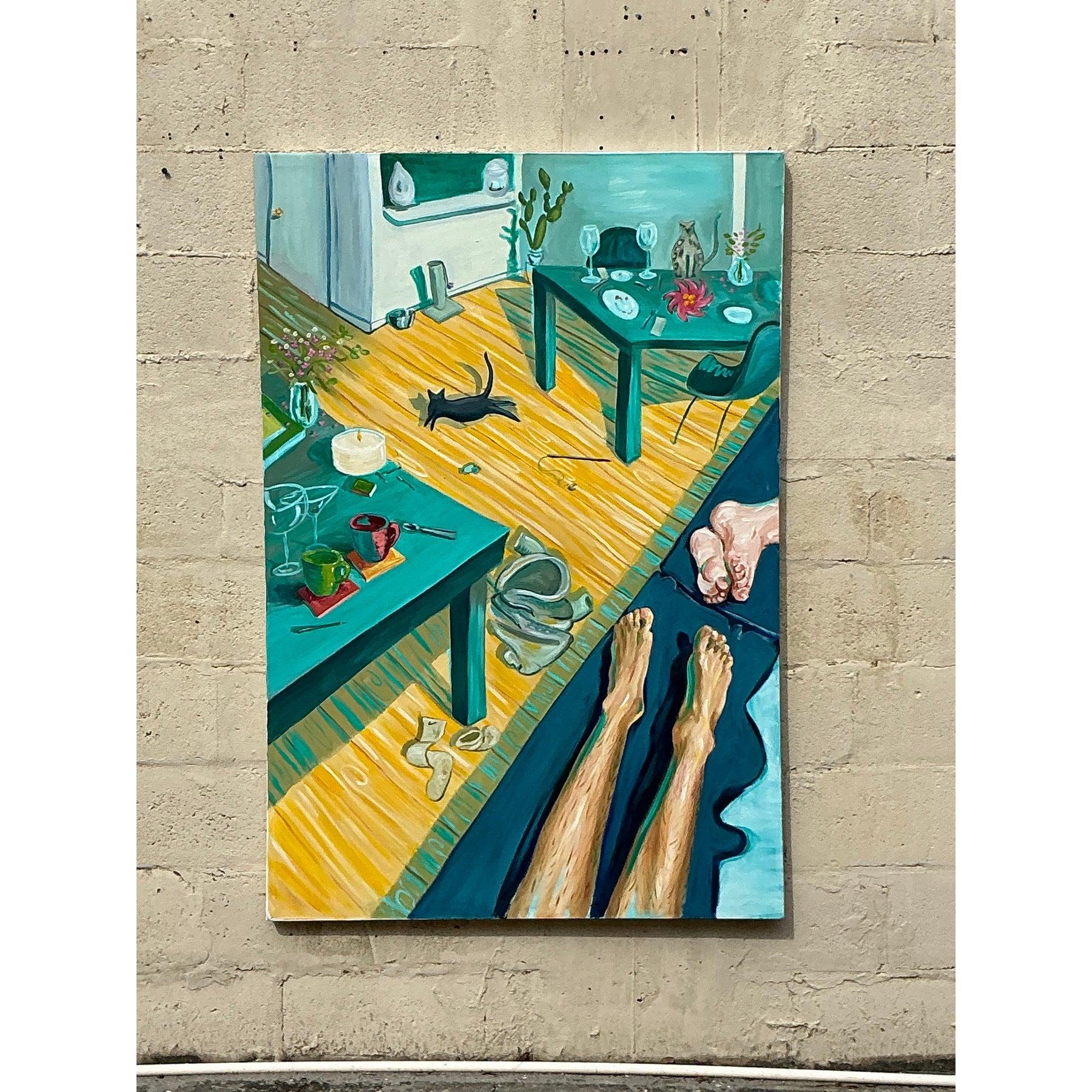 Cette peinture à l'huile expressionniste abstraite vintage capture l'essence de la vie de bohème avec sa composition dynamique et son utilisation audacieuse de la couleur. Présentant une scène d'intérieur fantaisiste avec des éléments éparpillés,