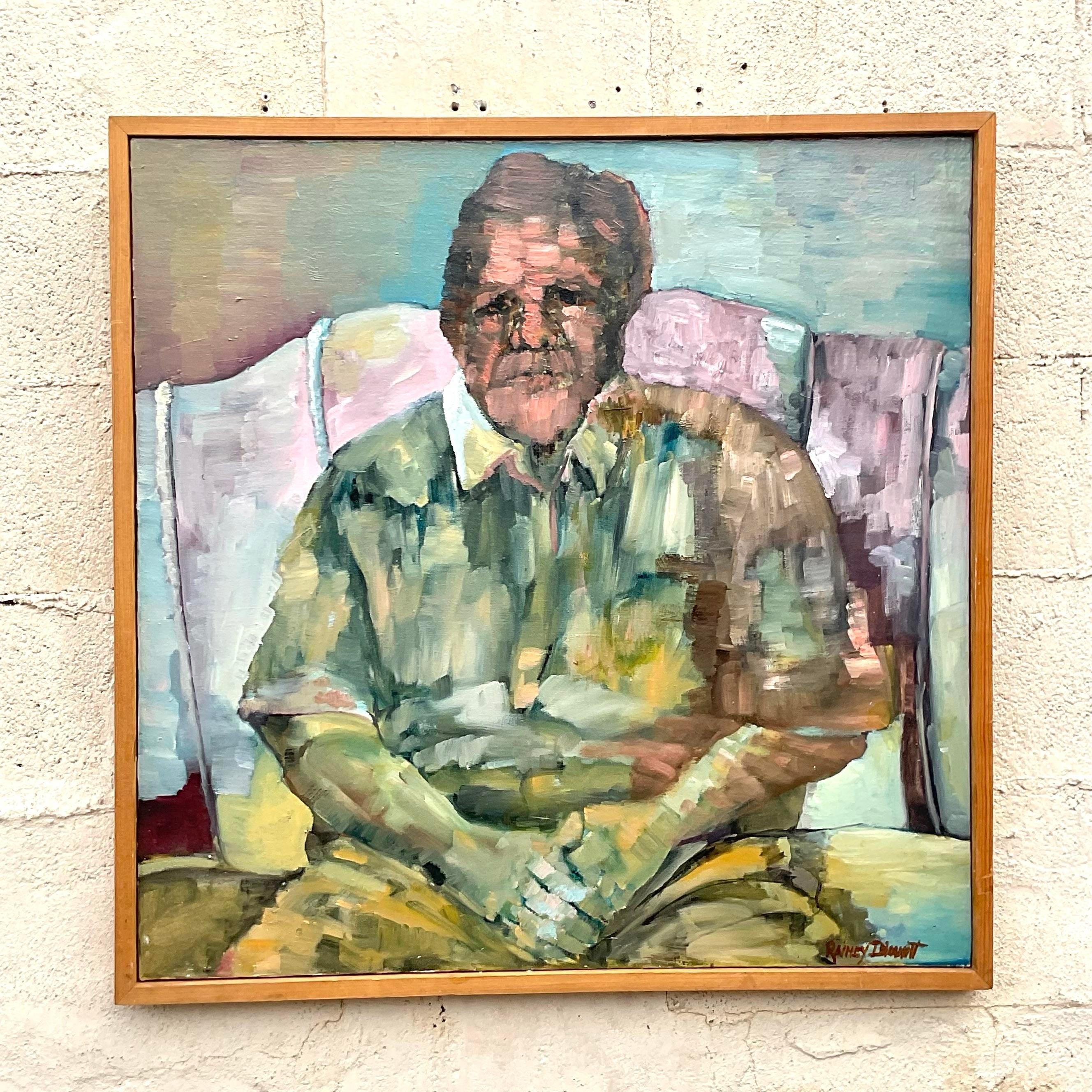 A fantastic vintage Boho original oil on canvas. A chic Abstract Figural portrait with a distictive impasto painterly style. Signed by the artist. Crisp clear colors dominate this composition. Acquired from a Florida estate.