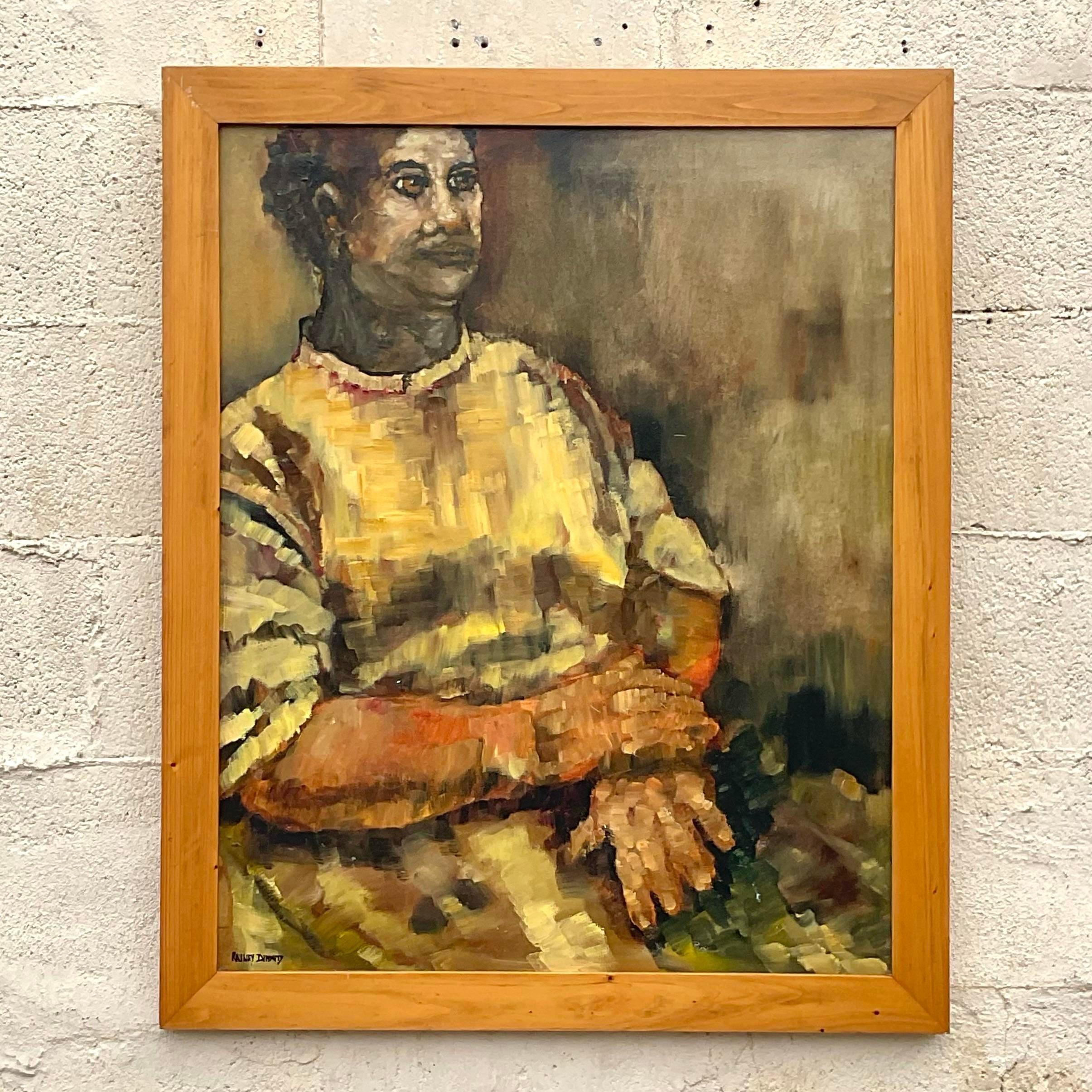 Vintage Boho Original Abstract Figural Oil on Canvas Painting In Good Condition For Sale In west palm beach, FL