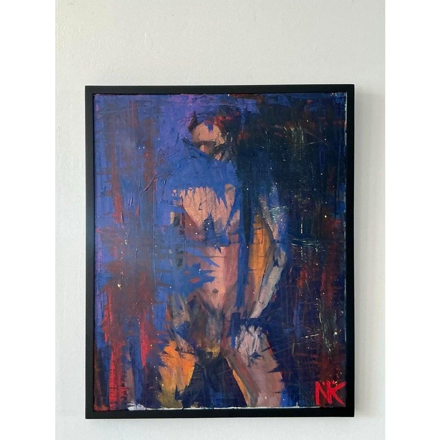 Dieses auffällige abstrakte figurative Ölgemälde im Vintage-Stil auf Leinwand verleiht jedem Interieur einen kühnen Hauch von böhmischer Kunstfertigkeit. Das lebhafte Zusammenspiel von Farben, darunter tiefe Blautöne, feurige Rottöne und warme