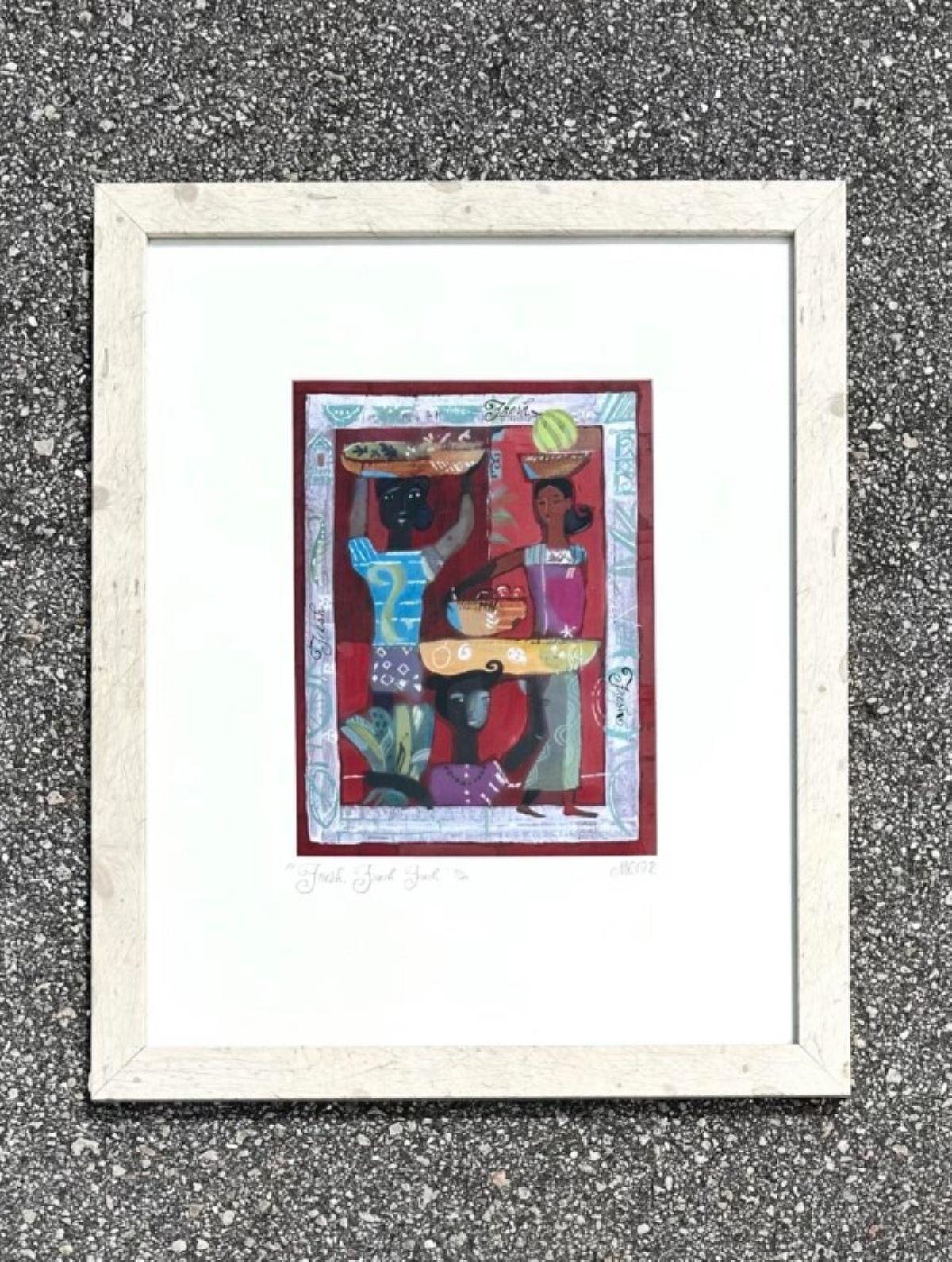 Vintage Boho Original Abstraktes figuratives Ölgemälde auf Papier, signiert vom Künstler, Vintage im Zustand „Gut“ im Angebot in west palm beach, FL