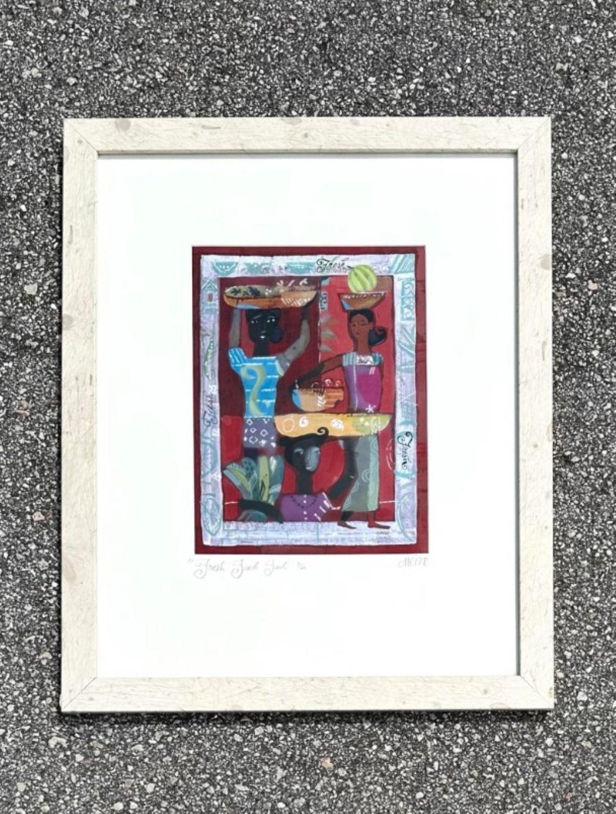 Vintage Boho Original Abstraktes figuratives Ölgemälde auf Papier, signiert vom Künstler, Vintage (Glas) im Angebot