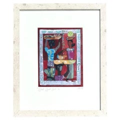 Olio figurativo astratto originale vintage Boho su carta firmato dall'artista