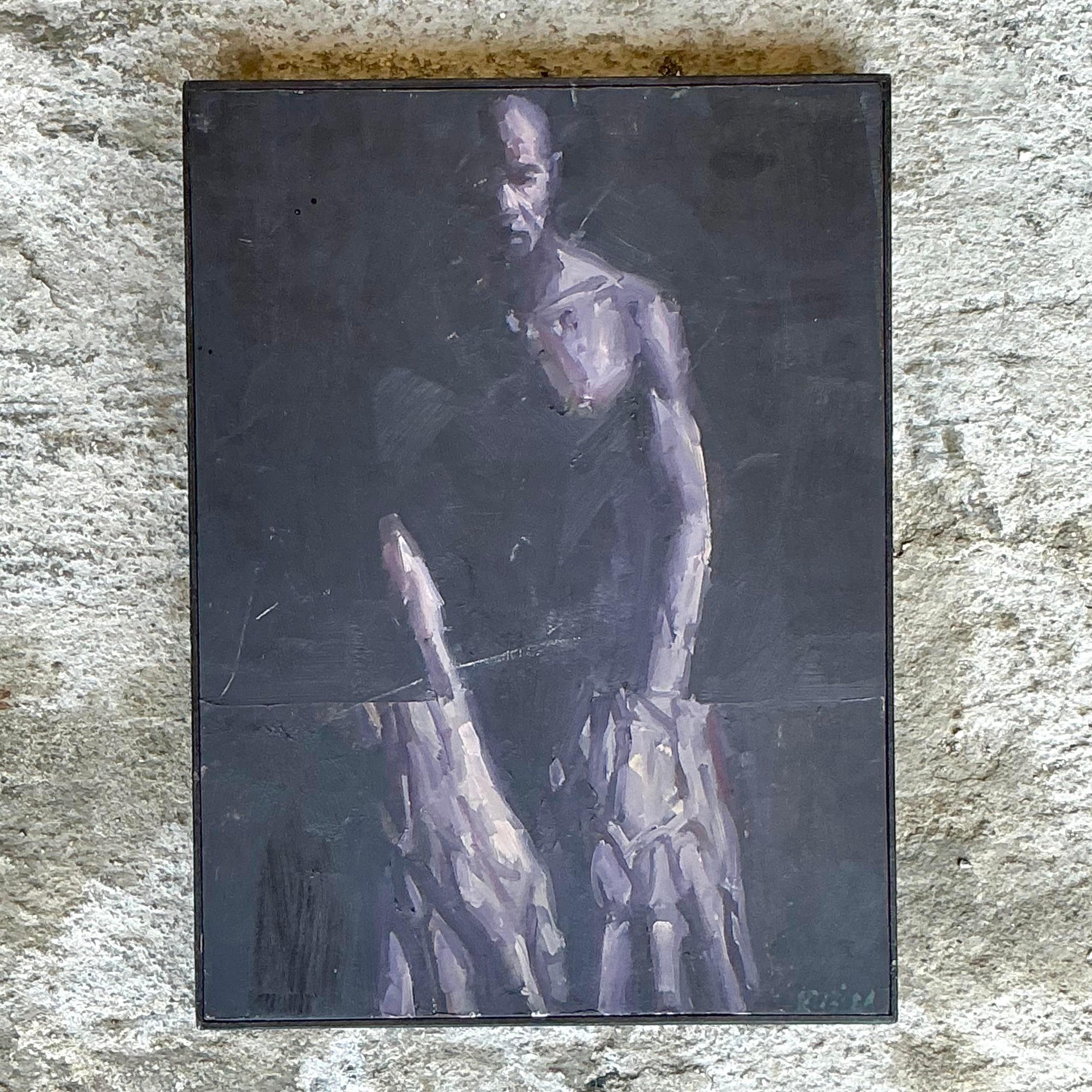 Das Vintage Boho Original Abstract Figurative Oil on Board ist ein bezauberndes Kunstwerk, das abstrakte Formen mit figurativen Elementen verbindet und den eklektischen Geist des Bohème-Stils widerspiegelt. Dieses einzigartige Gemälde zeigt eine