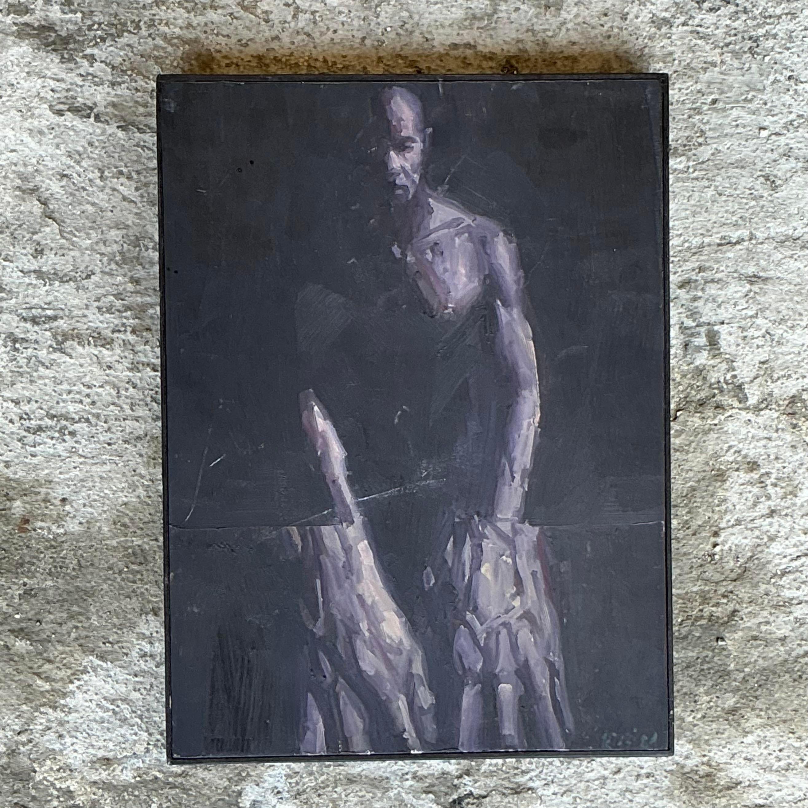Vintage Boho Original Abstrakte Figurative Ölgemälde auf Board (amerikanisch) im Angebot