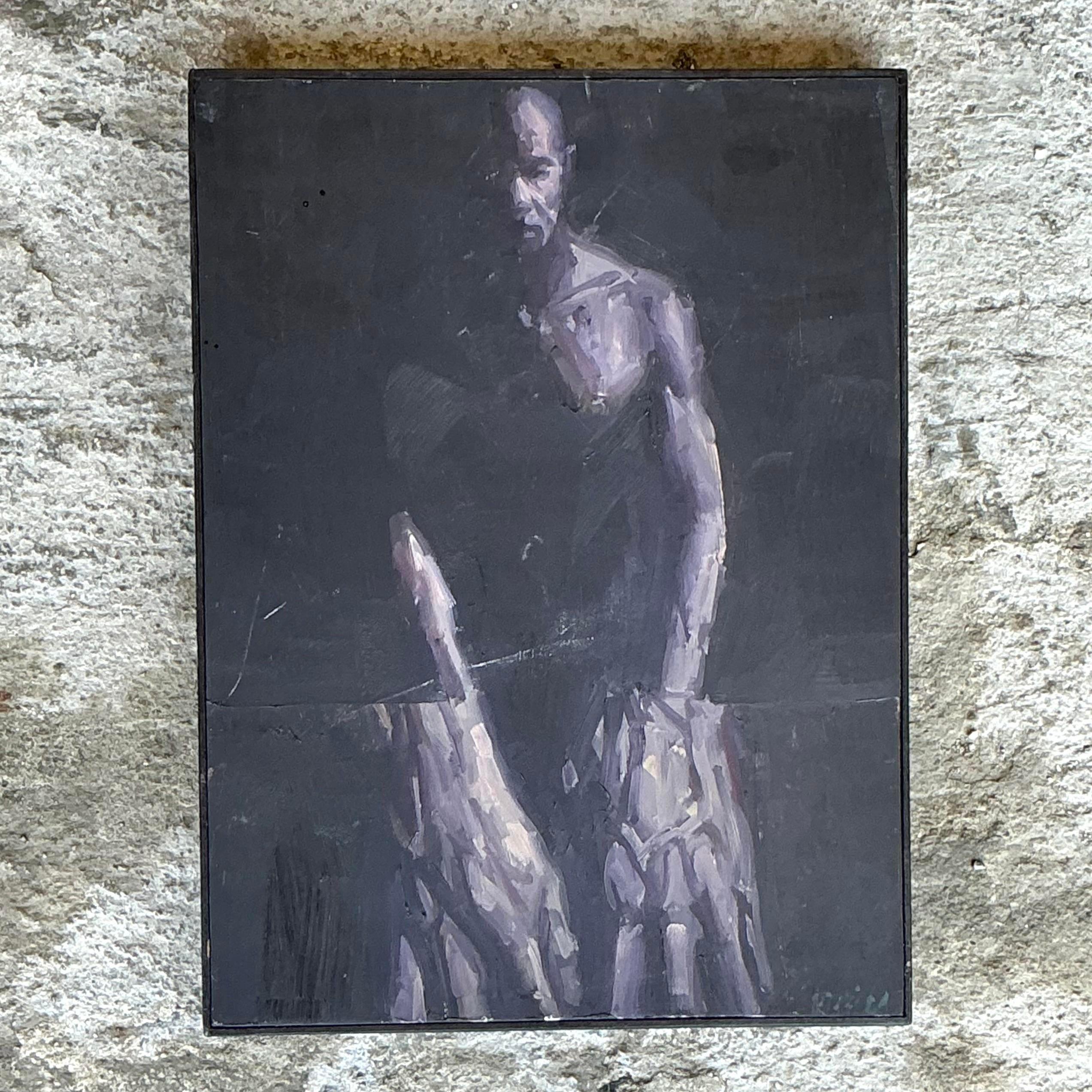 Vintage Boho Original Abstrakte Figurative Ölgemälde auf Board im Zustand „Gut“ im Angebot in west palm beach, FL