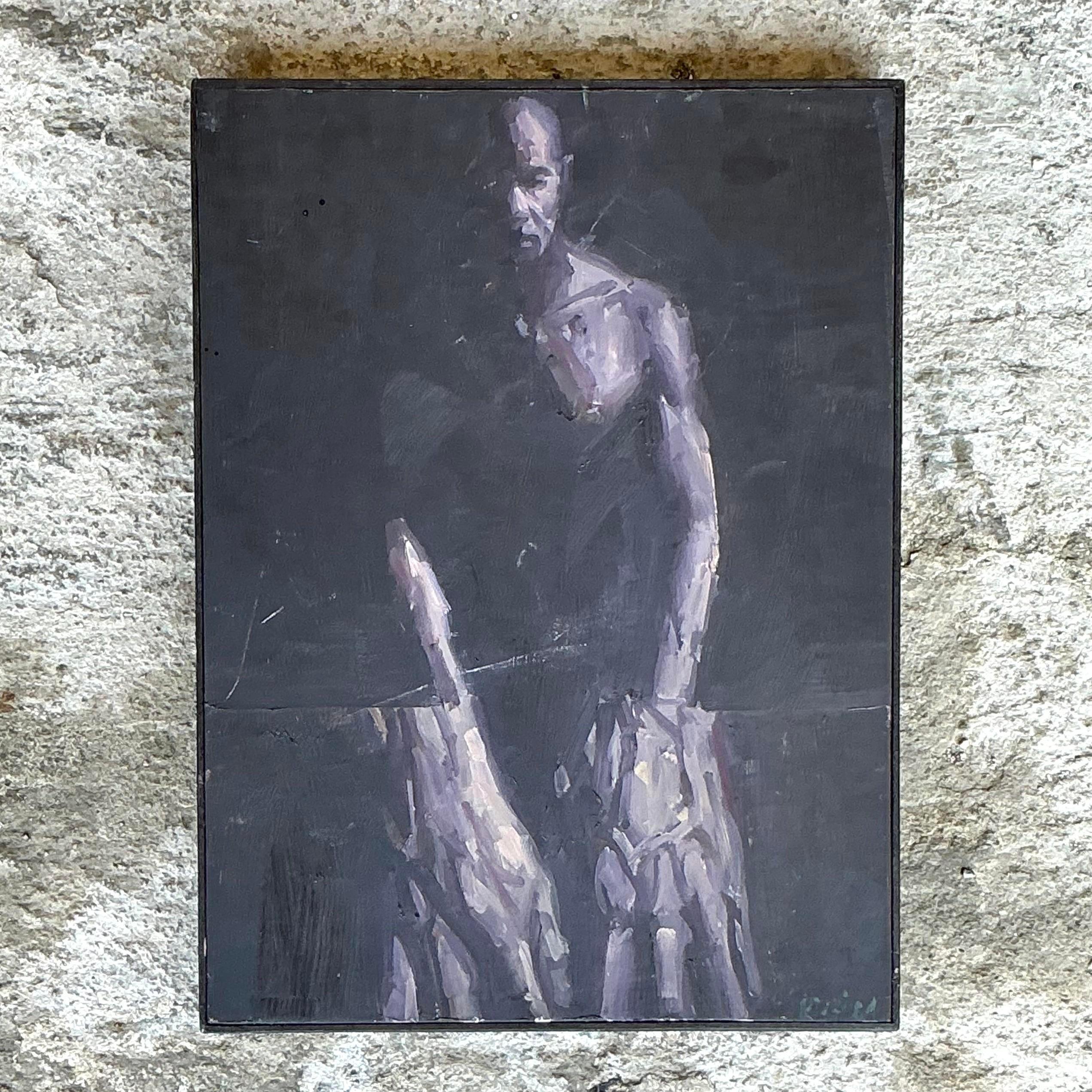 Vintage Boho Original Abstrakte Figurative Ölgemälde auf Board (20. Jahrhundert) im Angebot