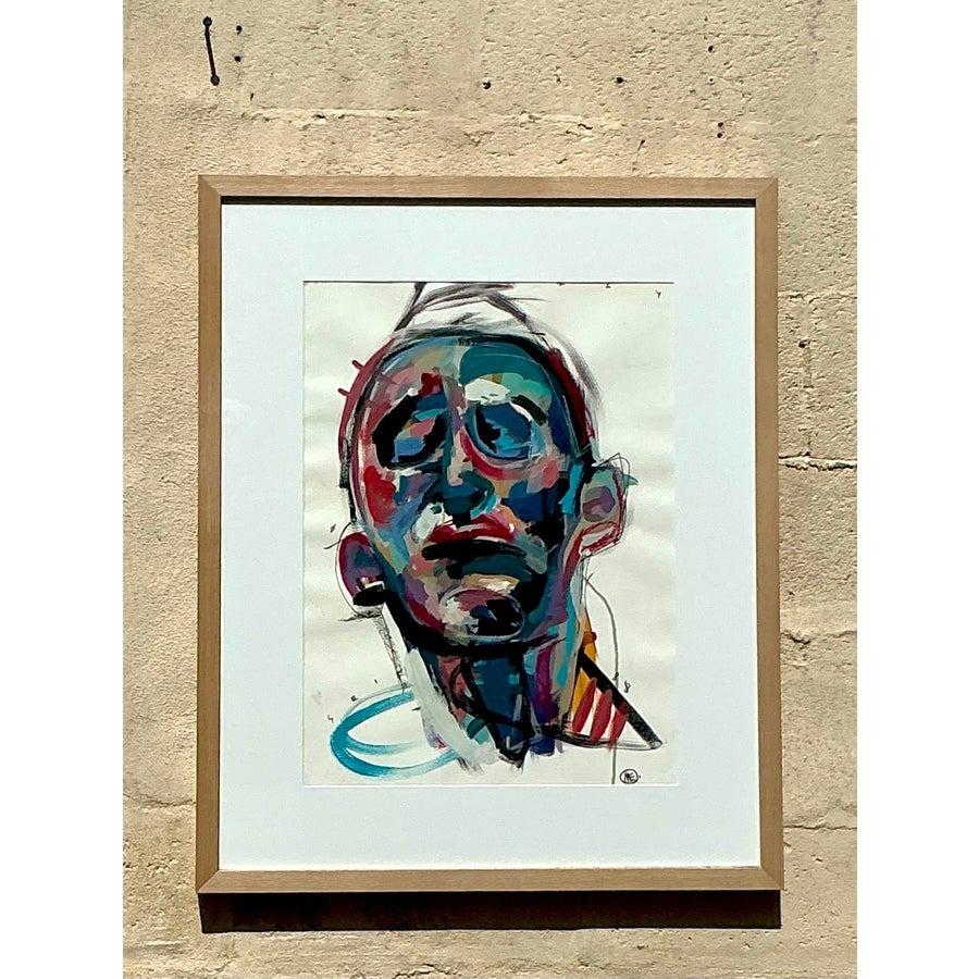 Dieses beeindruckende abstrakte figurative Gemälde im Vintage-Stil vermittelt ein tiefes Gefühl von Emotion und Kunstfertigkeit. Das in lebhaftem Öl auf Papier gemalte Werk zeichnet sich durch kühne Pinselstriche, komplizierte Details und eine