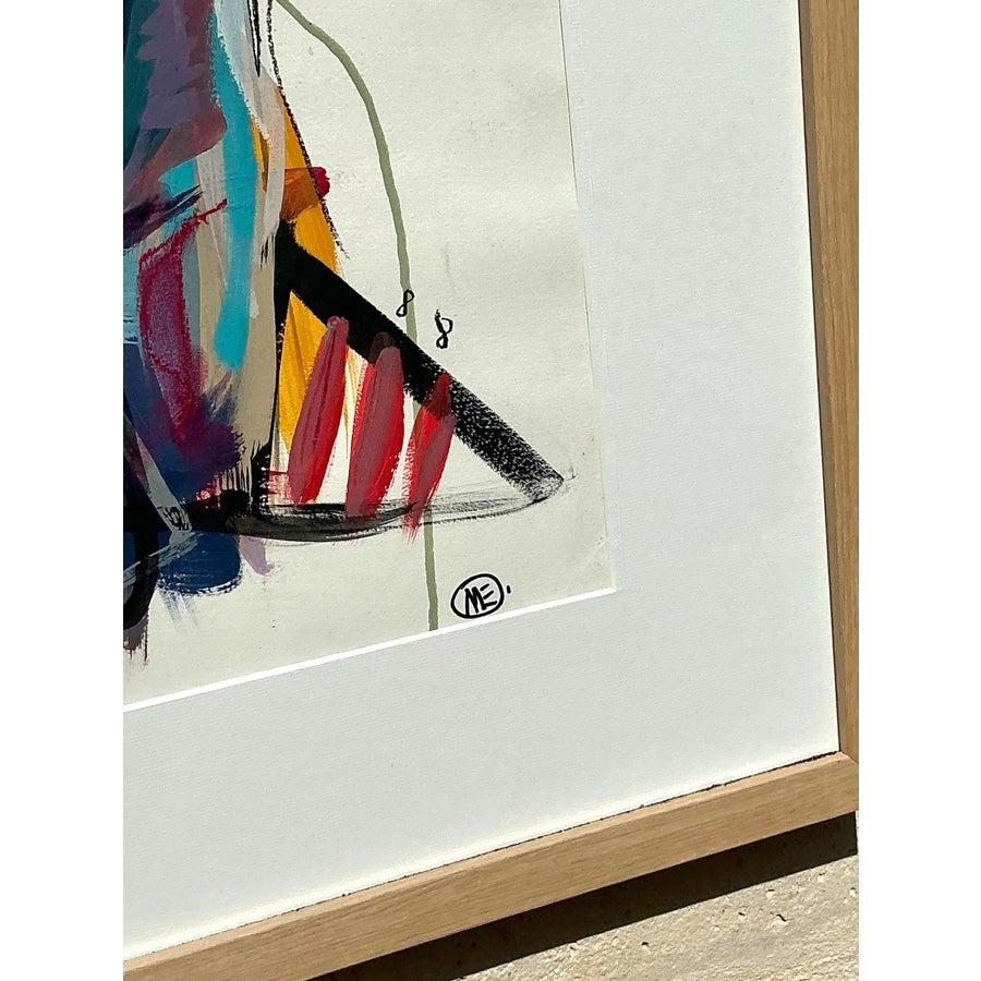 Original Abstraktes figuratives Ölgemälde auf Papier, Boho, Vintage (amerikanisch) im Angebot