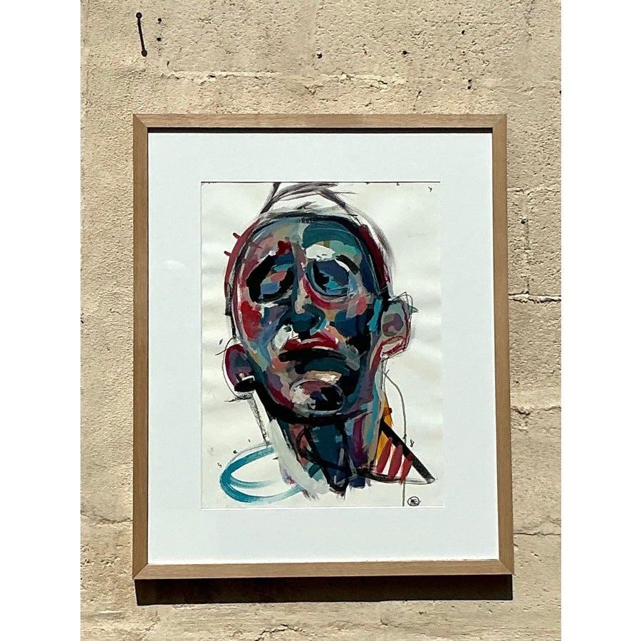 Original Abstraktes figuratives Ölgemälde auf Papier, Boho, Vintage (Glas) im Angebot
