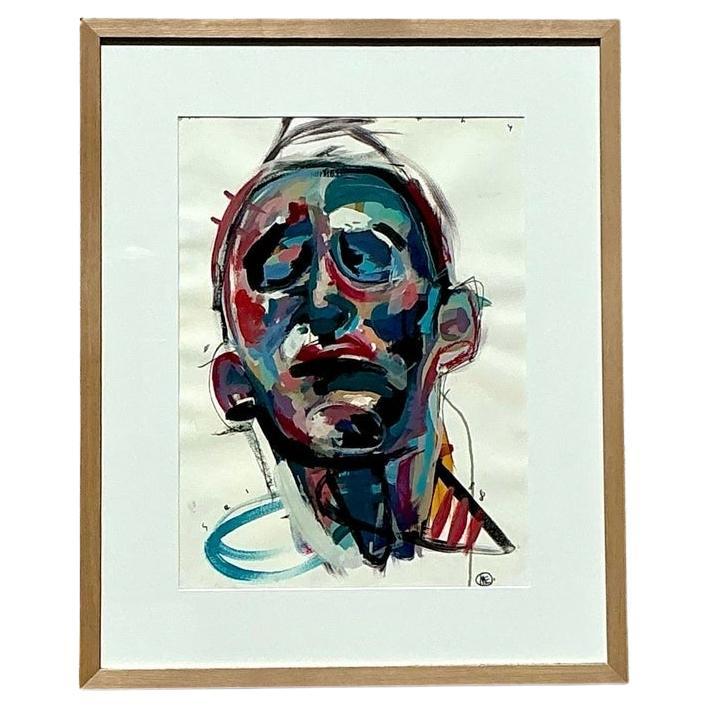Vintage Boho Original Abstract Figurative Oil Painting on Paper