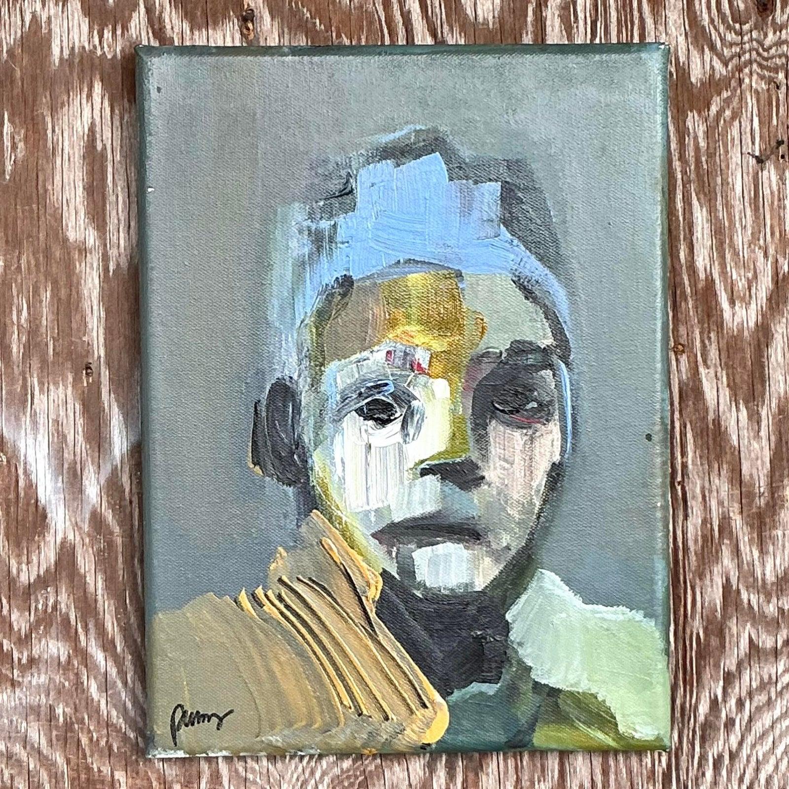 Capturez un moment d'introspection avec ce portrait figuratif abstrait vintage original. Peinte sur toile, cette œuvre d'art intime présente une représentation expressive d'un personnage, probablement un jeune, dans un style qui mêle figuration et